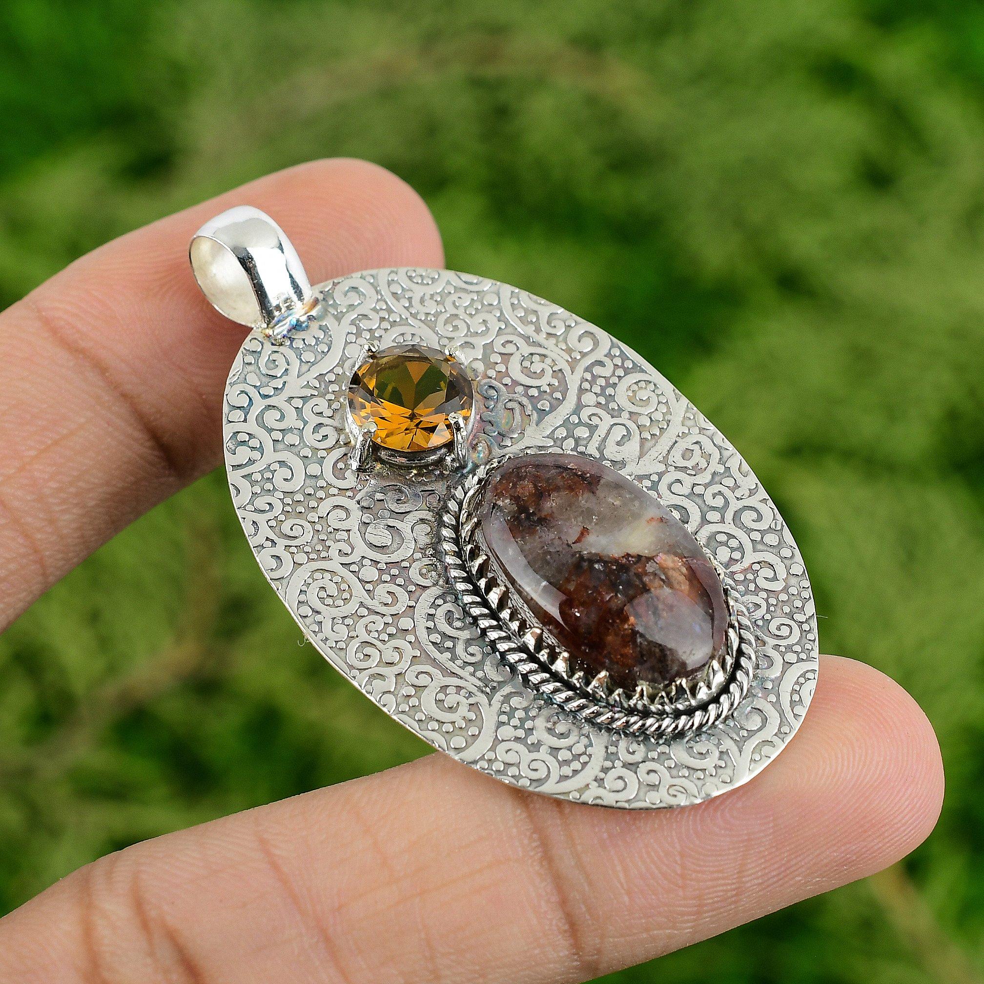 Daughters Day Sale Sterling Silver Crackle Quartz Stone Citrine Pendant Jewelry