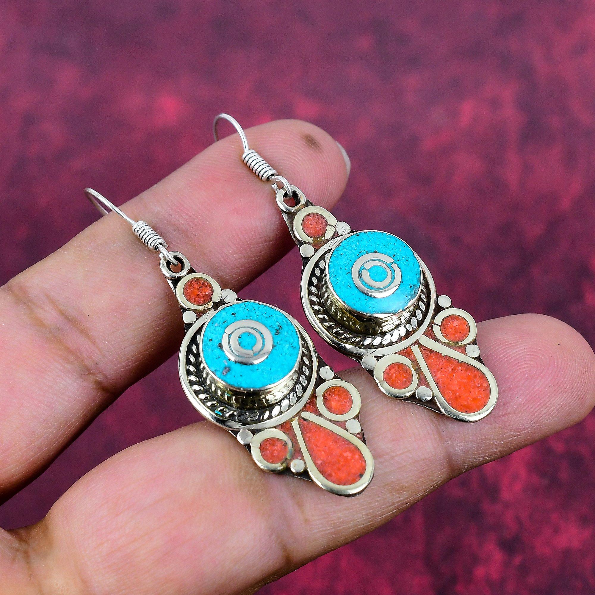 Turquoise & Coral 925 Solid Sterling Silver Nepali Earrings, Handmade Gemstone Earrings Jewelry, Gifts For Wife Brand New Earrings