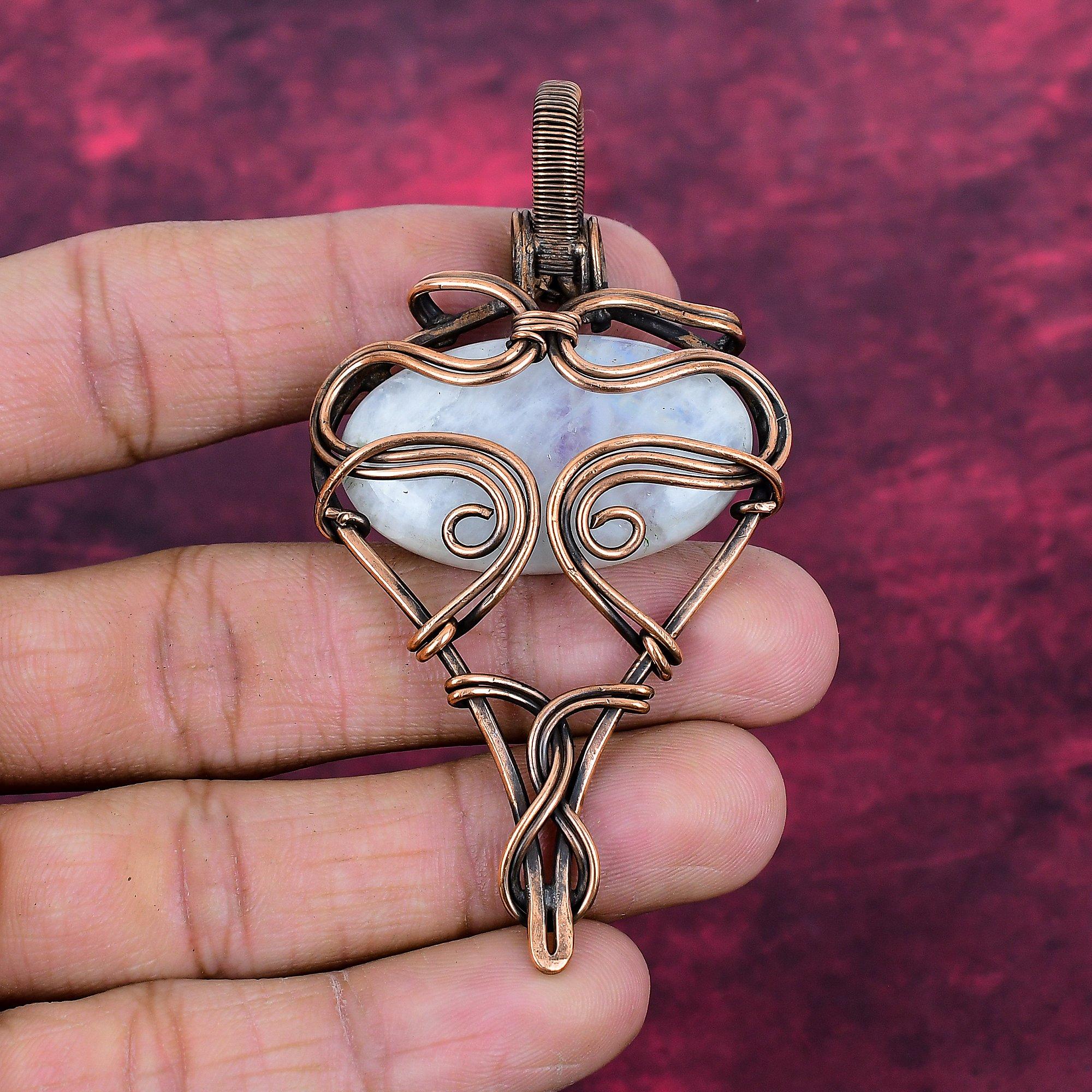 Rainbow Moonstone Pendant Copper Wire Wrapped Gemstone Pendant Handmade Jewelry