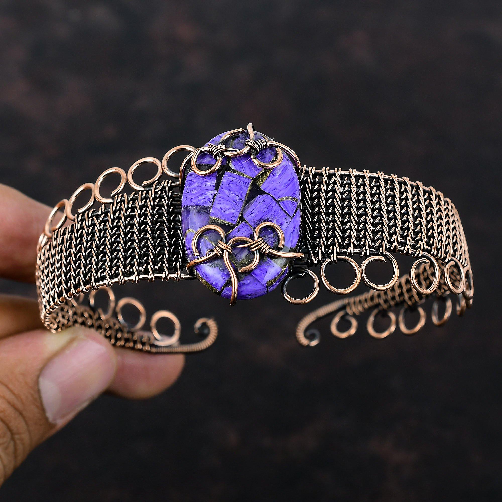 Copper Charoite Gemstone Cuff Bracelet Copper Wire Wrapped Bangle Adjustable Cuff Bracelet Copper Jewelry For Gift Handmade Brand New Bangle