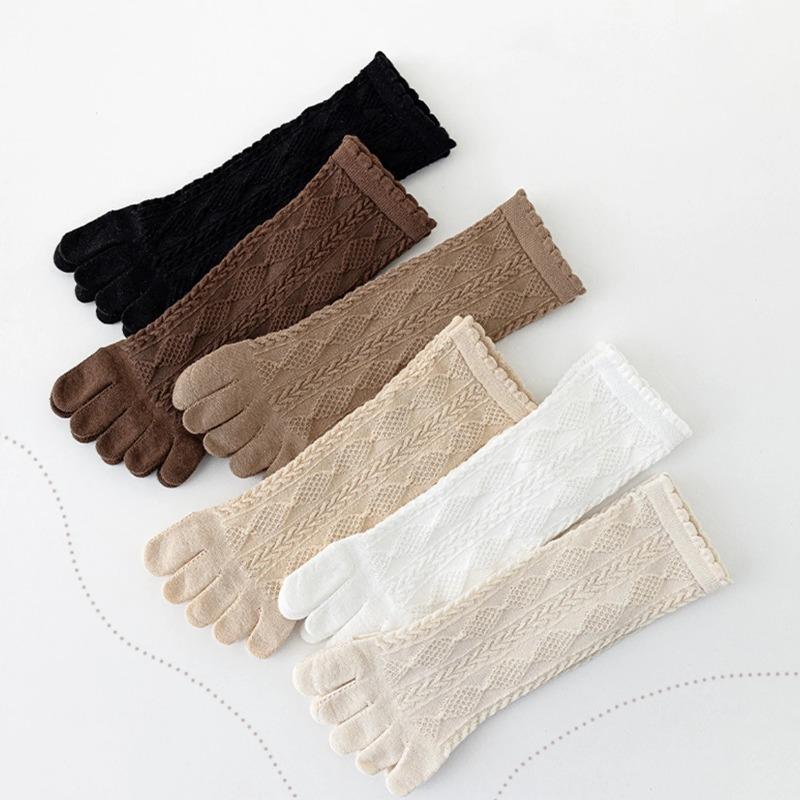 Women Spring Autumn Five Finger Socks Retro Solid Color Lace Striped Split Toe Comfortable Sock