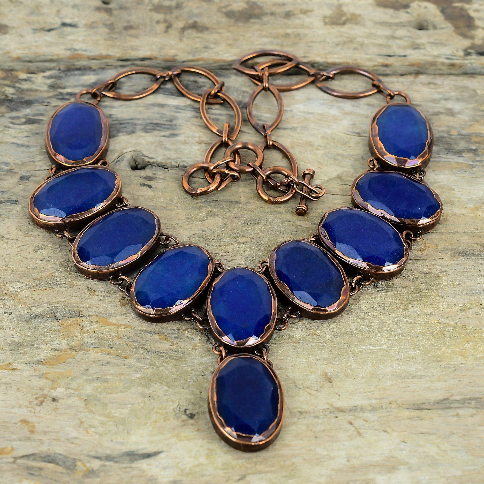 Faceted Blue Sapphire Necklace Electroformed Copper Adjustable Chain Necklace Handmade Gemstone Necklace Electroformed Jewelry Gifts For Her