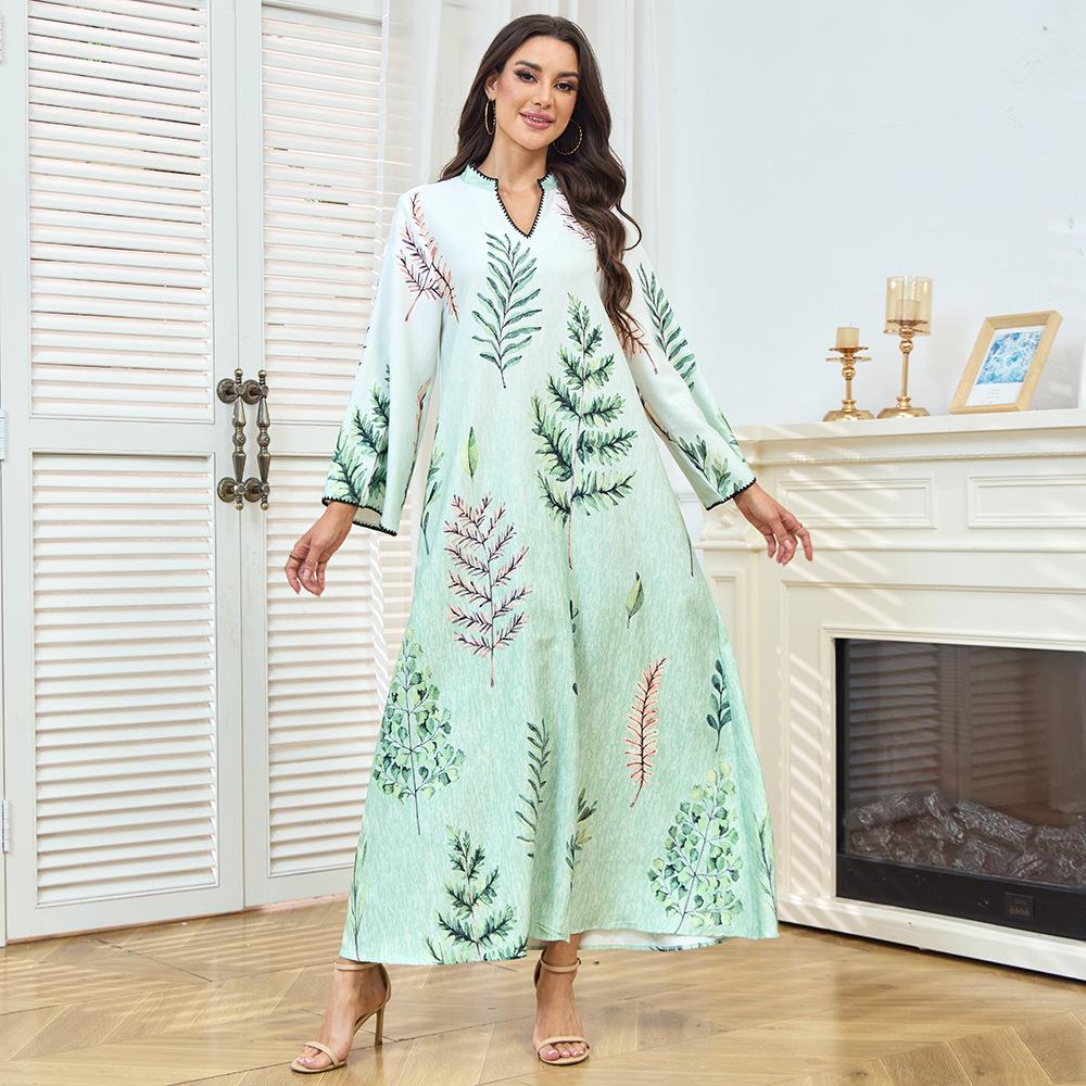 kpoooopstar Women's Casual Maxi Dress - Light Green Plant Print Arabian Style