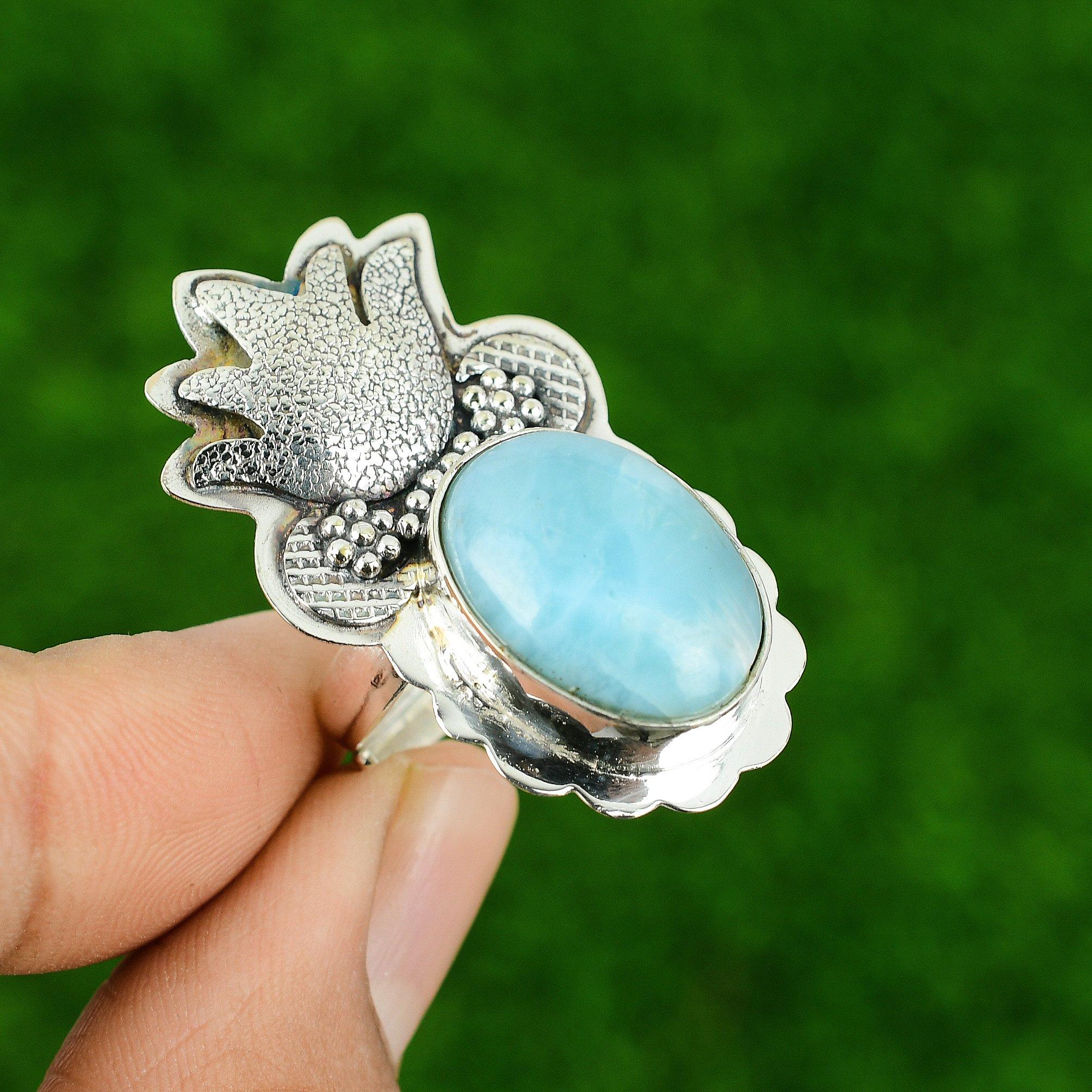Sterling Silver Natural Larimar Statement Multi Stone Ethnic Engagement New Ring