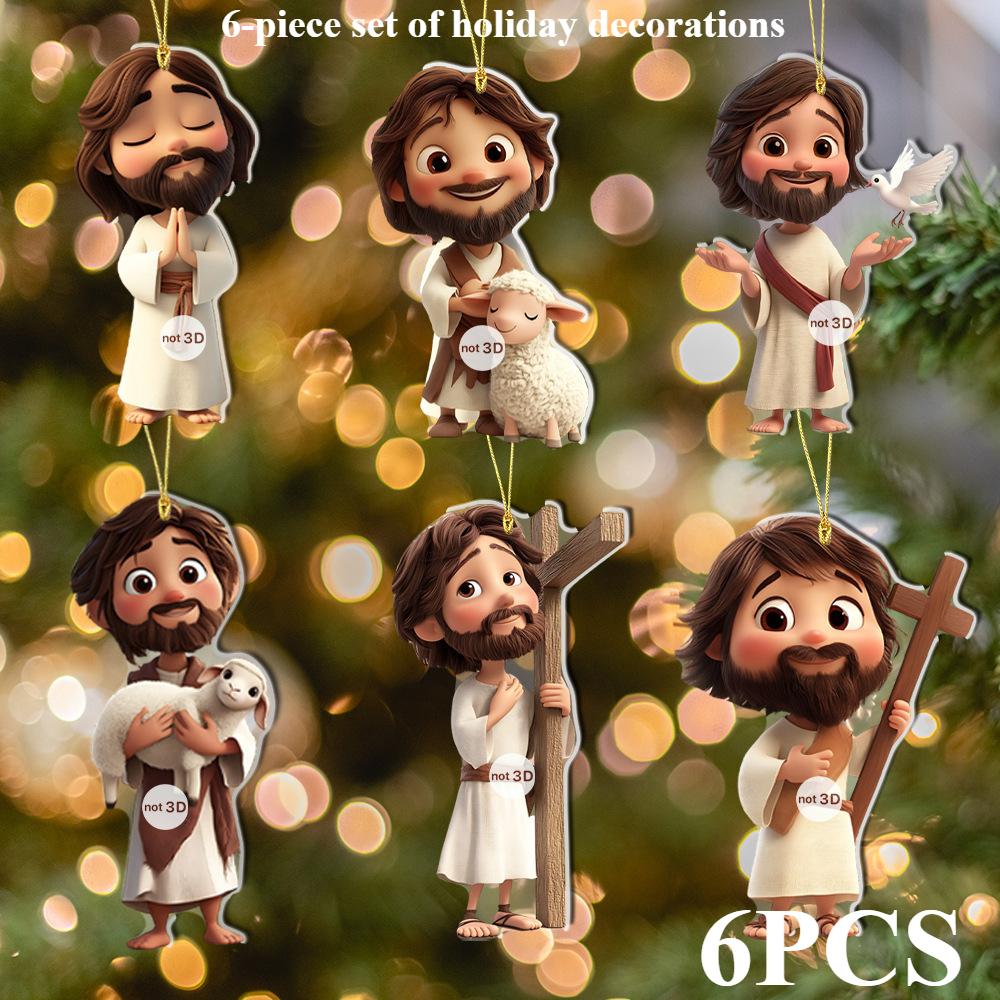 6dílná sada, vánoční dárkové balení Akrylová 2D plochá klíčenka s přívěskem na batoh/do auta, vánoční ozdoba na stromeček, dárek