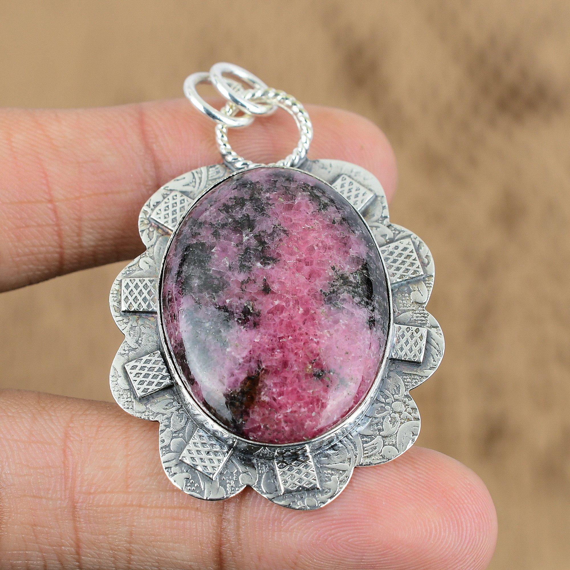 Anniversary Gift For Her Natural Rhodonite Gemstone Pendant 925 Sterling Silver