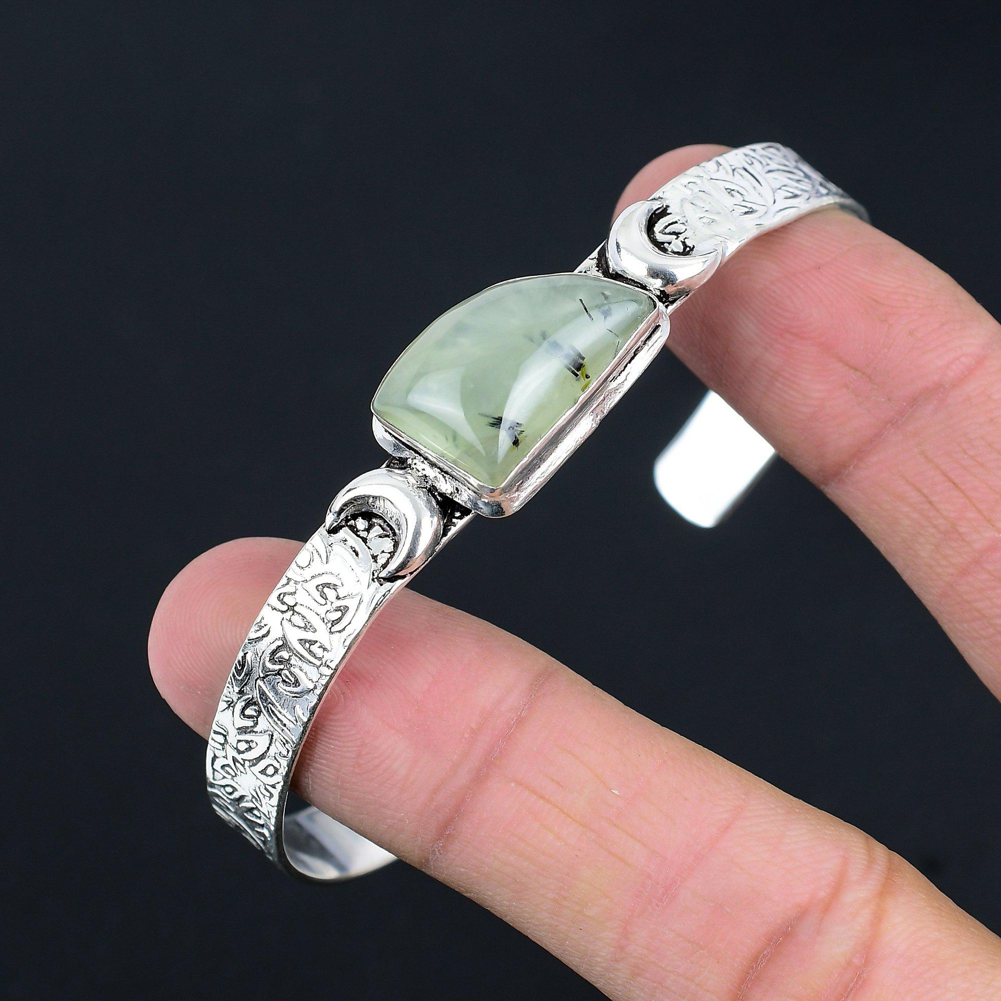 Cadeau Pour Femmes Bracelet Croissant de Lune Réglable Argent 925 Mousse Naturelle Préhnite
