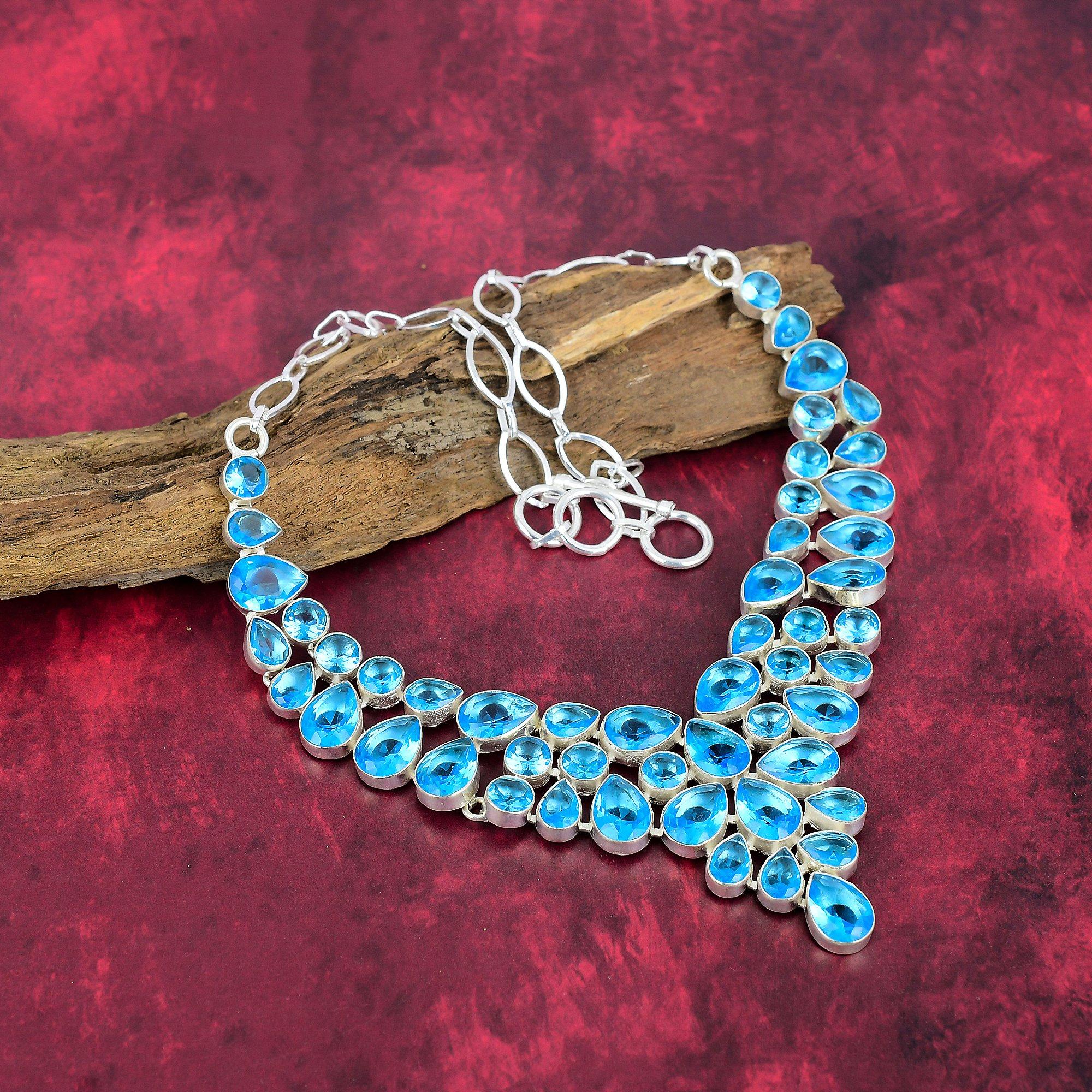 Blue Topaz 925 Solid Sterling Silver Necklace with Adjustable Chain, Handmade Gemstone Jewelry Necklace For Memorial Day