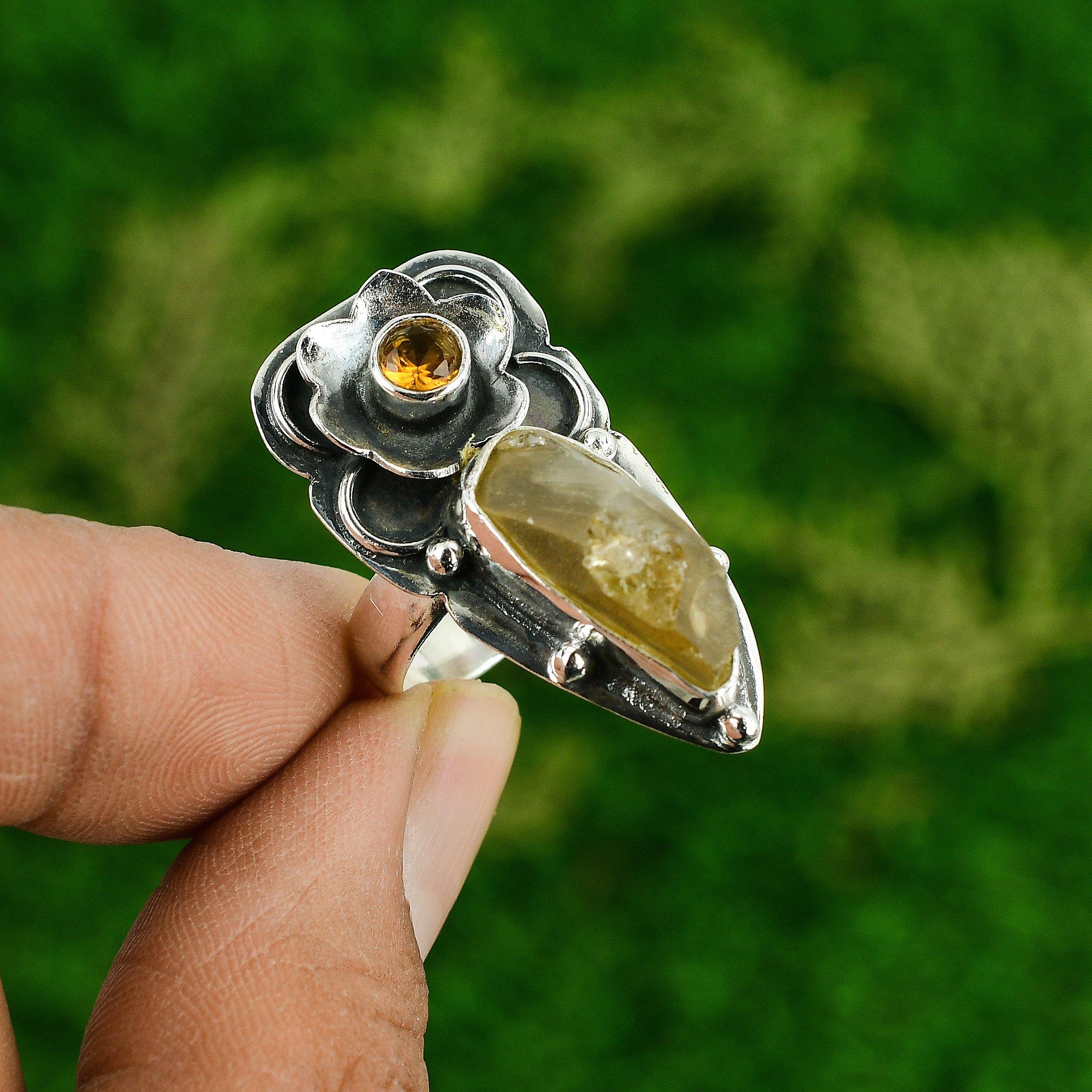 Natural Citrine Rough Stackable Flower Ring Size 6.75 925 Silver For Women