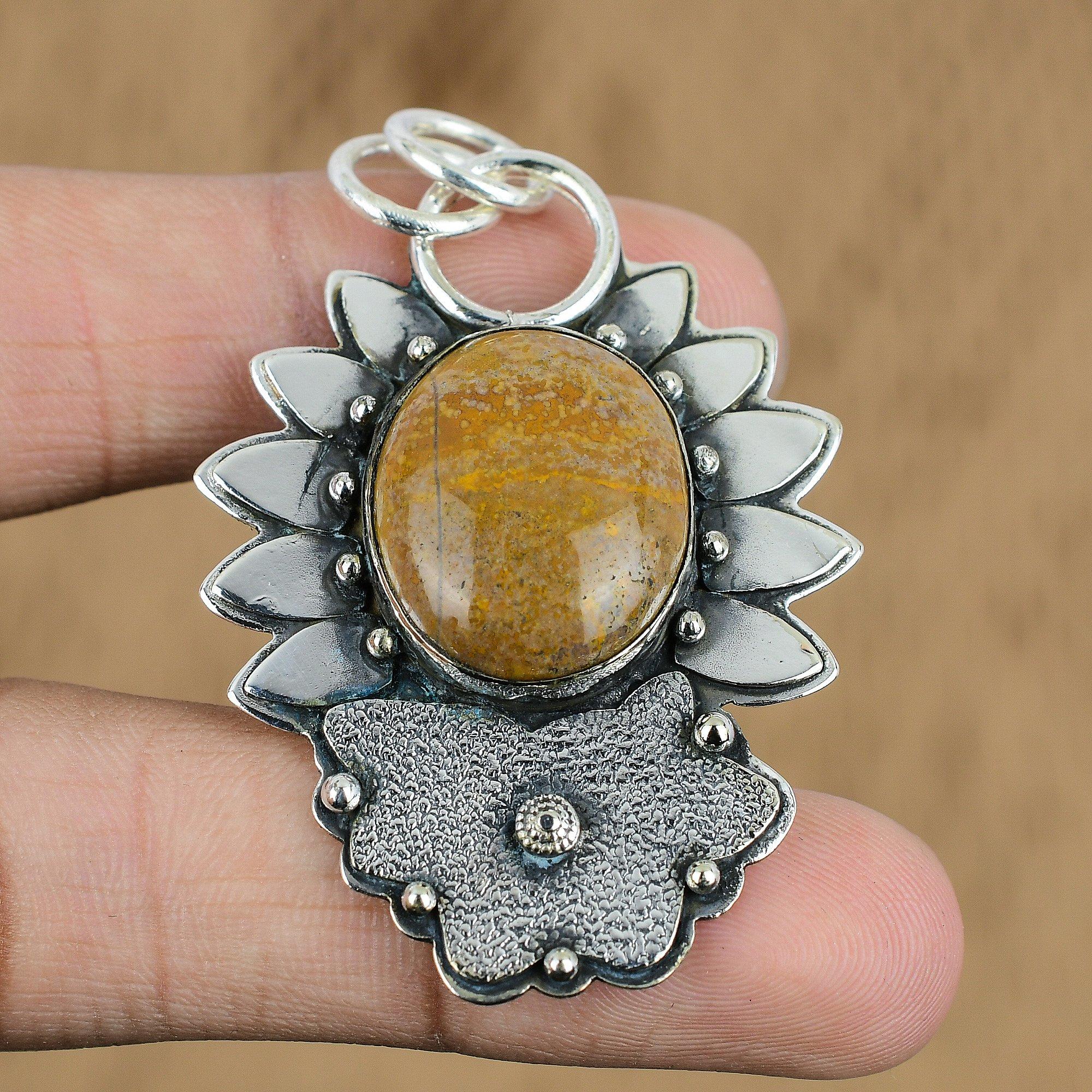 Natural Ocean Jasper Gemstone Pendant Brown 925 Sterling Silver Indian Jewelry