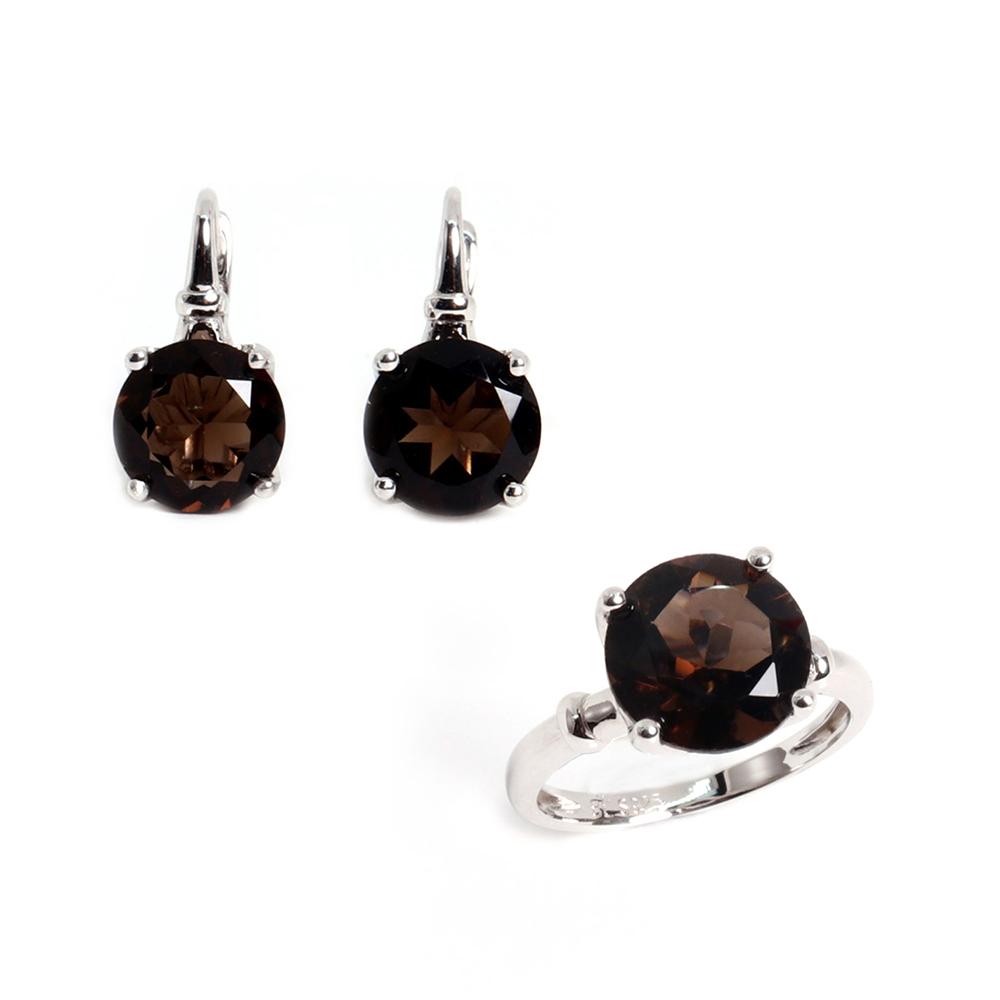 925 Sterling Silver Women's Ring Earrings Natural Smoky Round 10.0mm Real Gemstone Fine Jewelry for Mom's Gift Daily Party Wear
