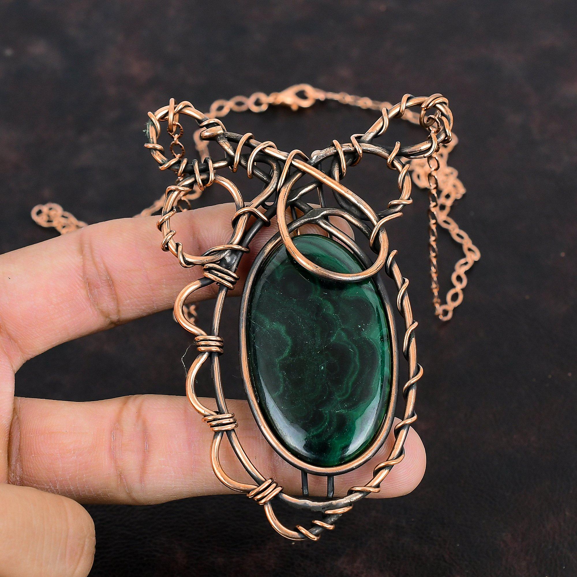 Malachite Necklace Copper Wire Wrapped Necklace Handmade Necklace Wire Wrap Jewelry Adjustable Necklace Copper Gemstone Jewelry Wedding Gift