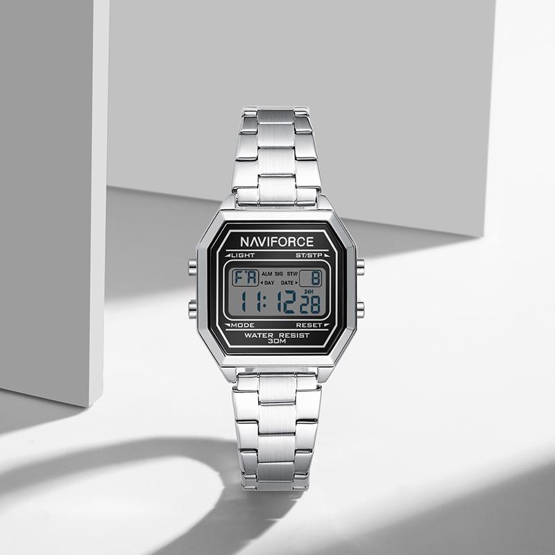 Naviforce Women Square Digital Watch LCD Display Day Date Stainless Steel Strap Waterproof Chronograph Alarm Women Fashion Watch NF5063S