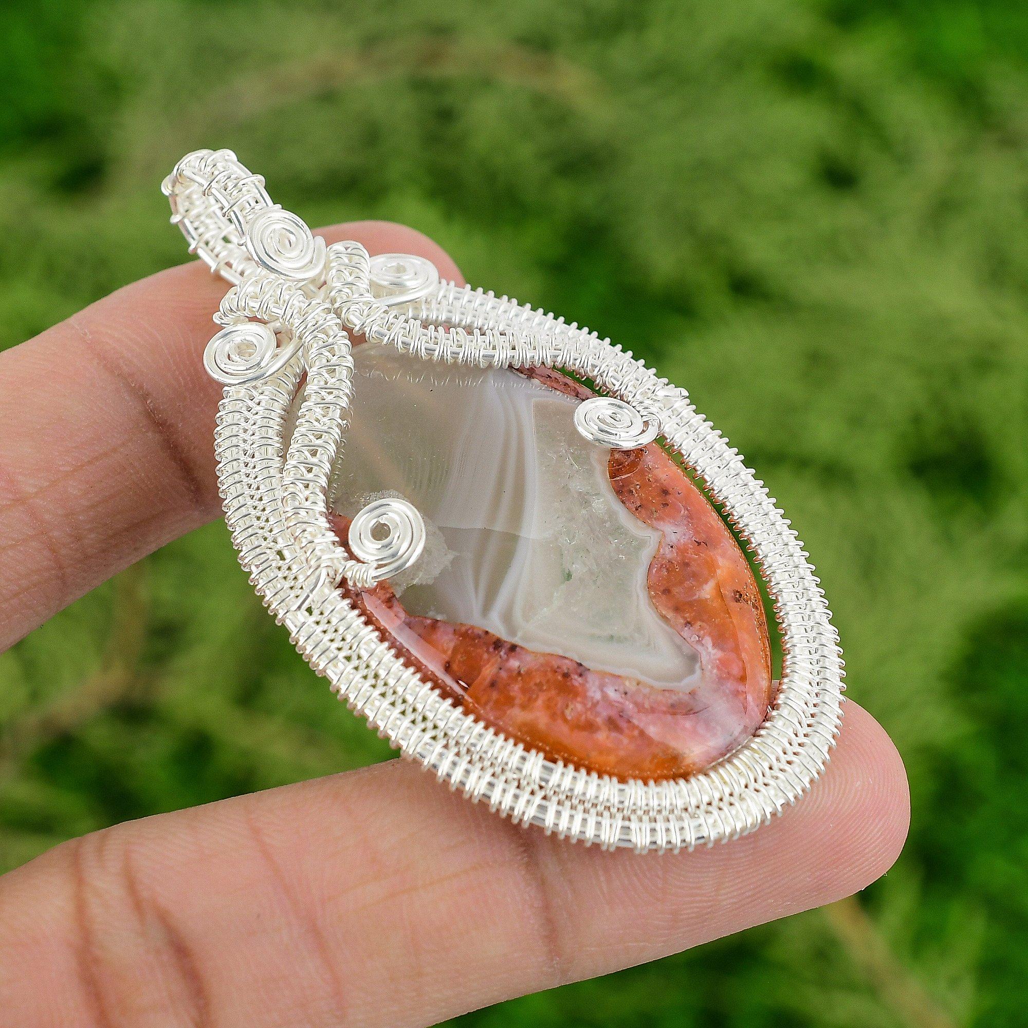 925 Sterling Silver Oval Botswana Agate Stone Wife Wire Wrapping Bezel Pendant