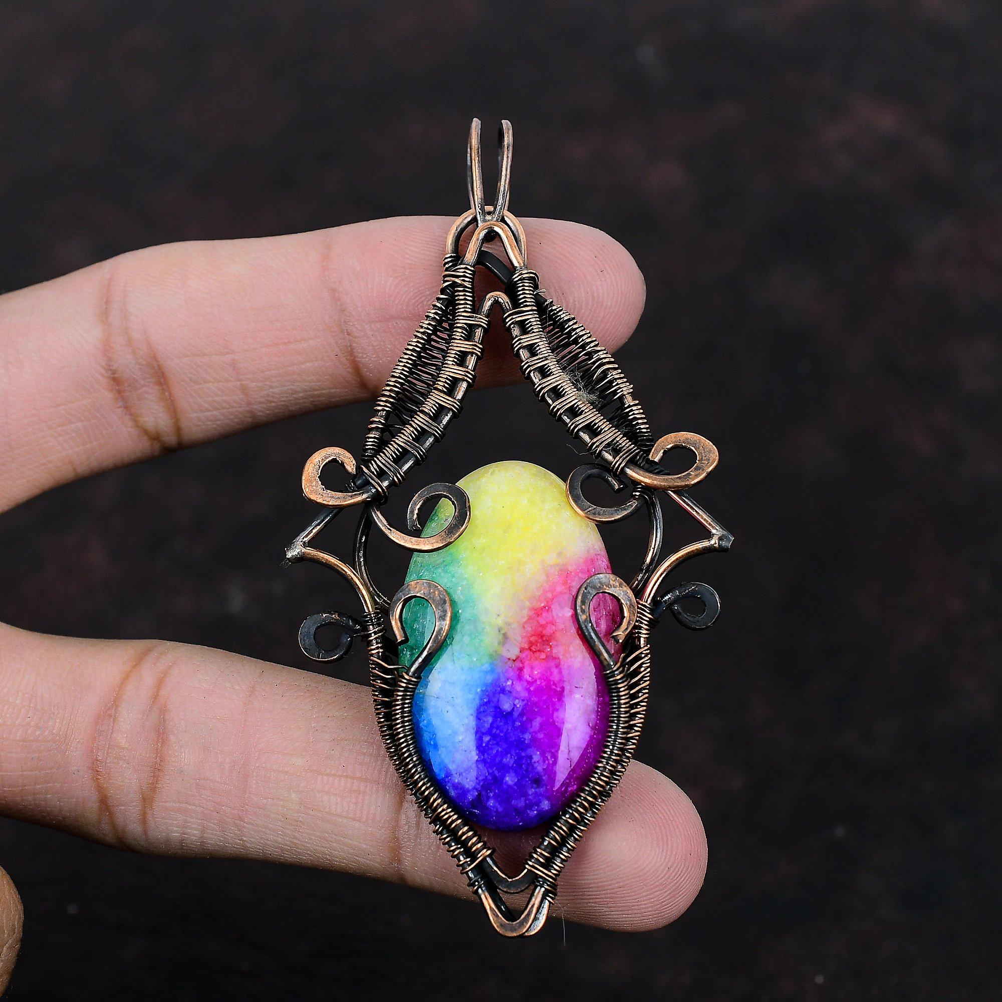 Rainbow Solar Quartz Druzy Pendant Copper Wire Wrapped Pendant Handmade Pendant Copper Jewelry Elegant Pendant Gift For Him Gemstone Jewelry