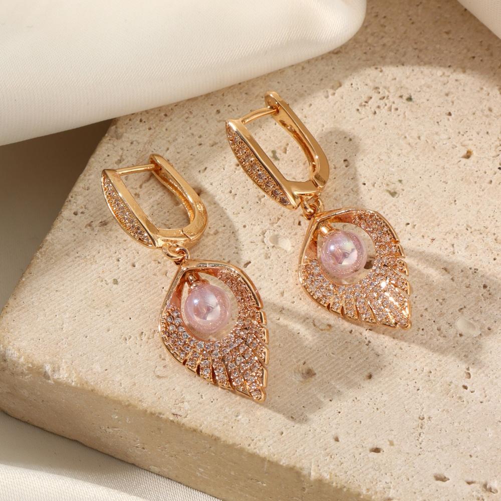 1 Pair Fashion Zircon Leaves Dangle Earrings for Women Imitation Pearls Earring Jewelry Wedding Party Accessories
