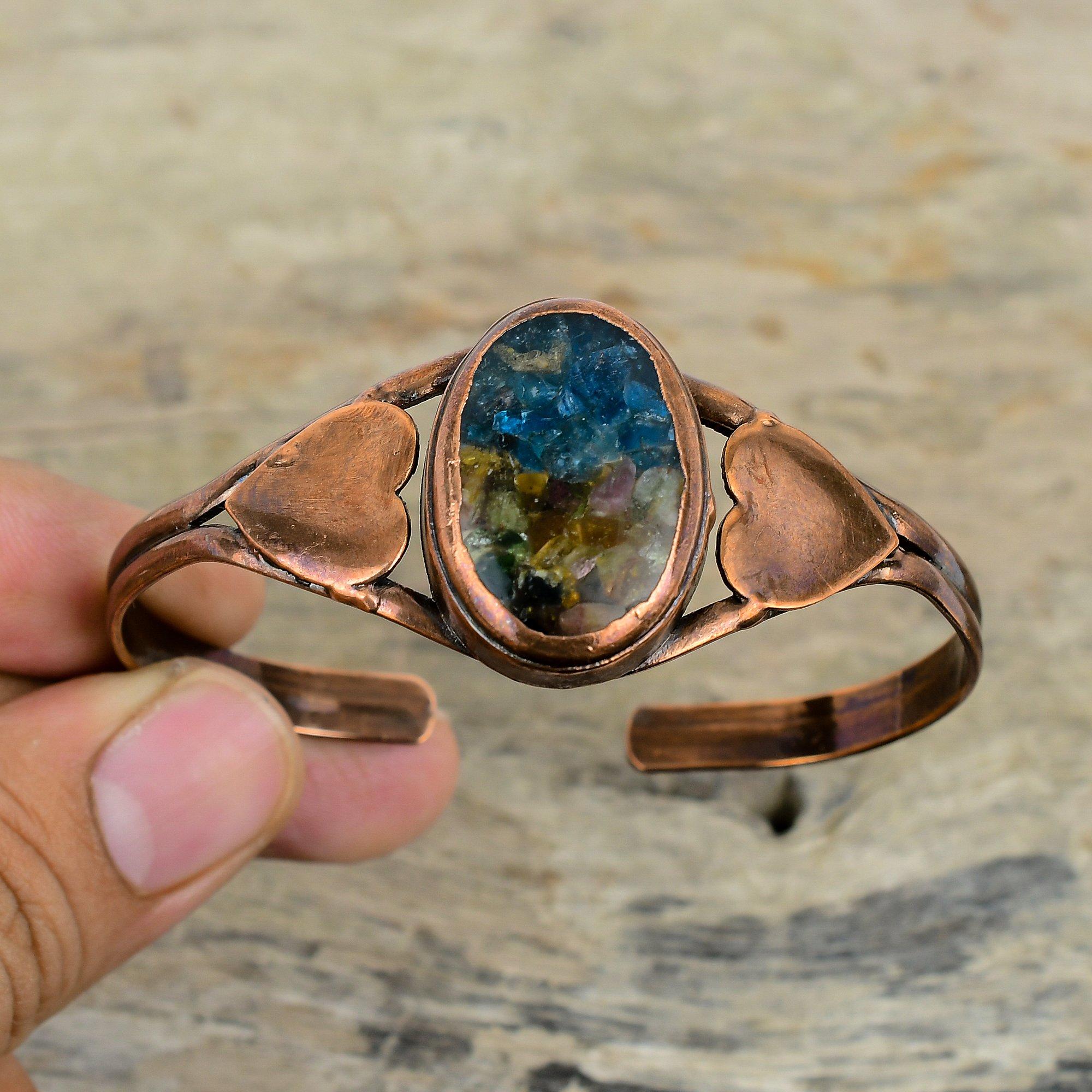 Watermelon Tourmaline Cuff Bracelet Electroformed Copper Bangle Adjustable Bangle Handmade Copper Jewelry Gifts For Mother Gemstone Bracelet