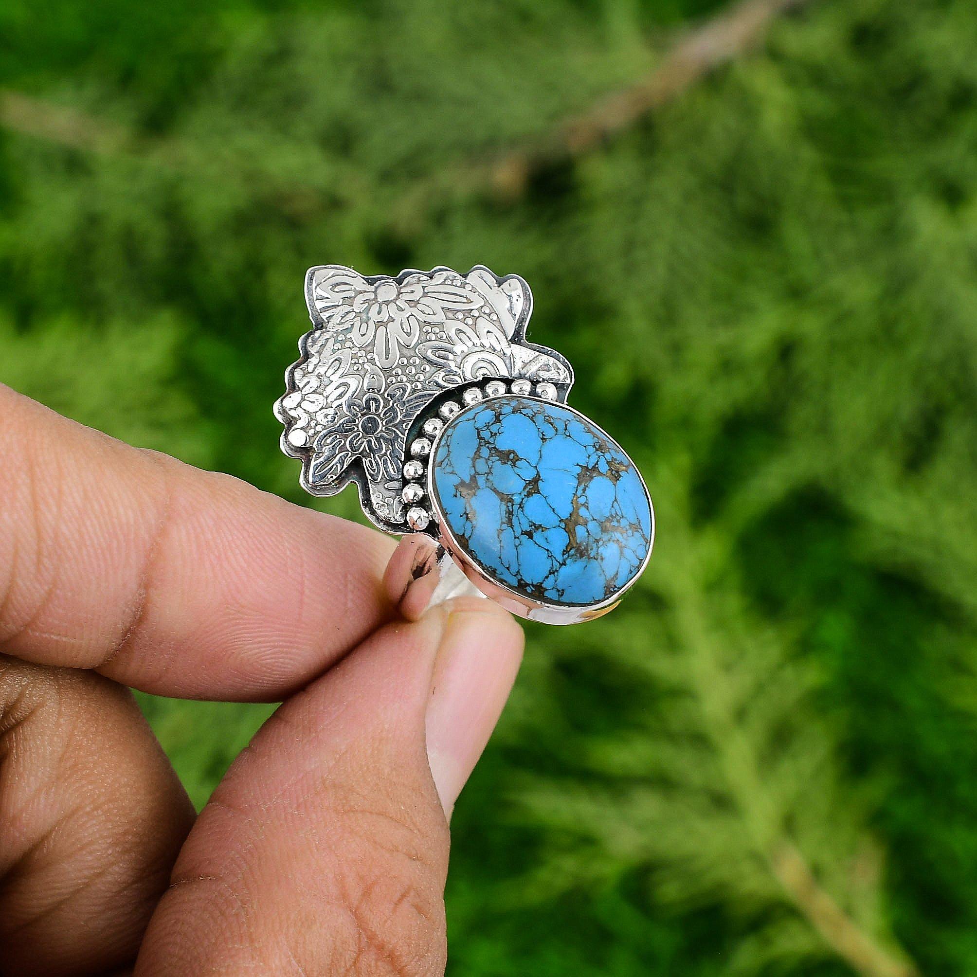 Sterling Silver Natural Tibetan Turquoise Stackable Promise Wedding Ring Jewelry