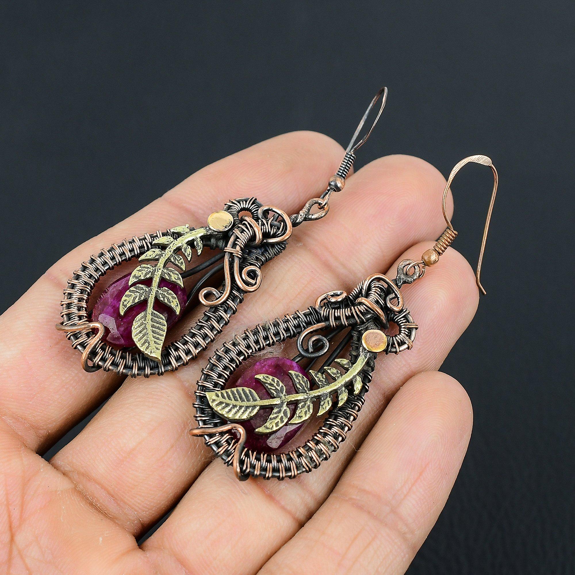 Wonderful Ruby Gemstone Handmade Pure Copper Wire Wrapped Earrings Jewelry