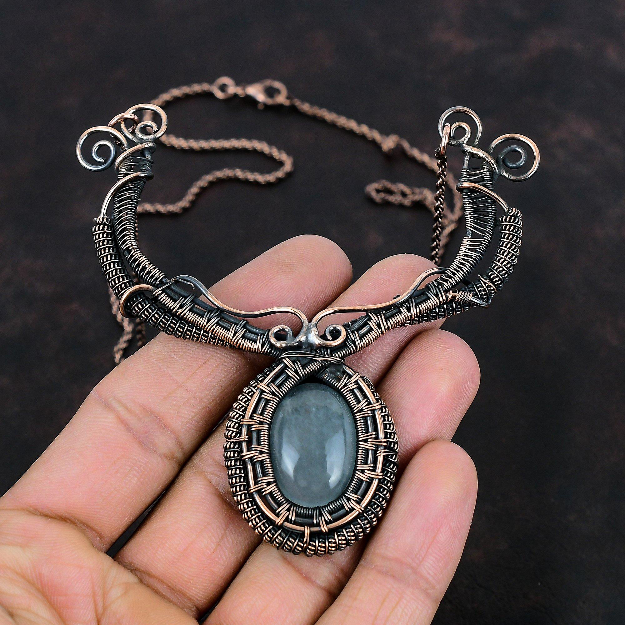 Aquamarine Necklace Copper Wire Wrapped Necklace Handmade Jewelry Gemstone Necklace Antique Copper Jewelry Engagement Gift Designer Necklace