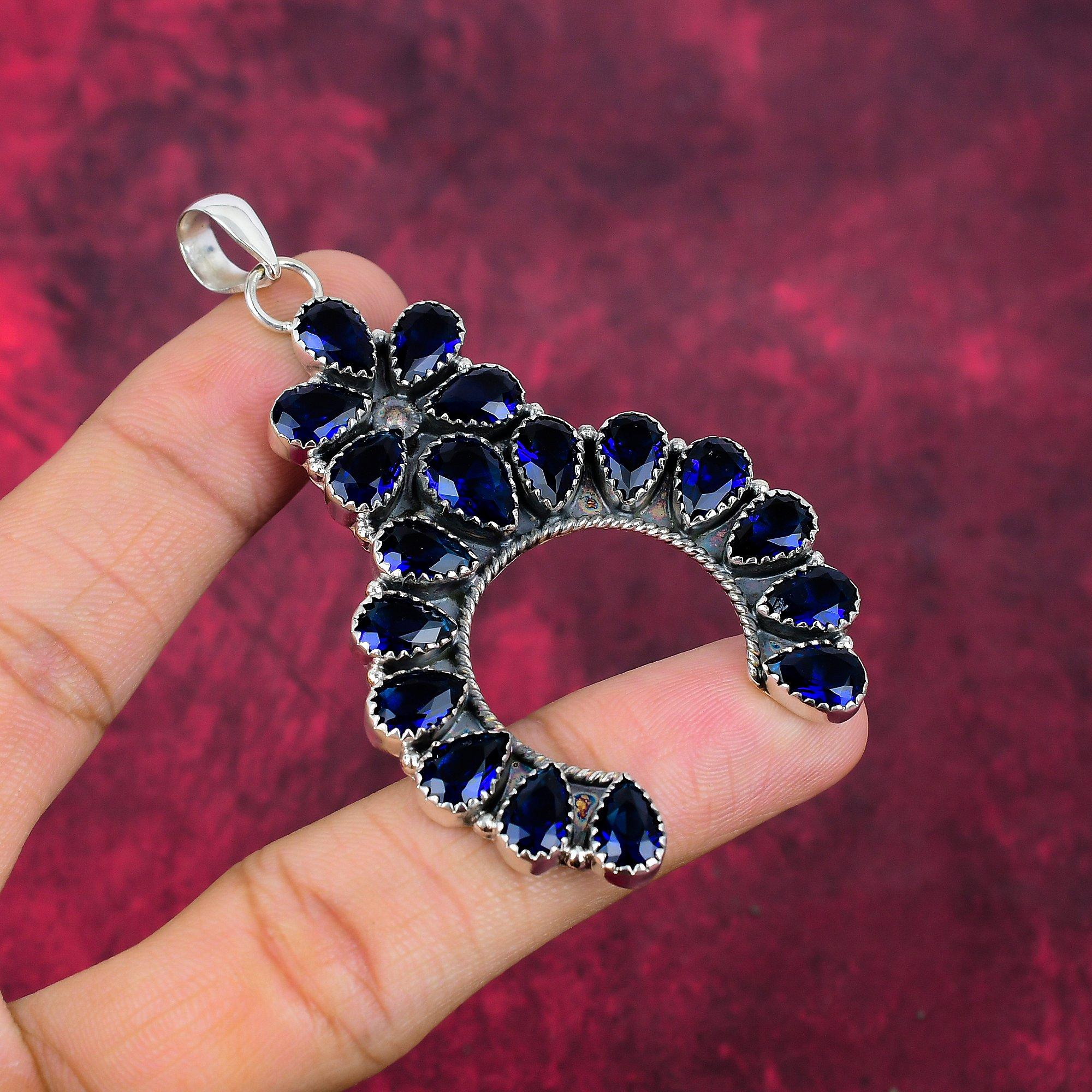 Zafiro Azul Creado en Laboratorio Joyería de Plata de Ley 925 Sólida, Joyería de Colgante Hermoso Hecho a Mano Para Mujeres