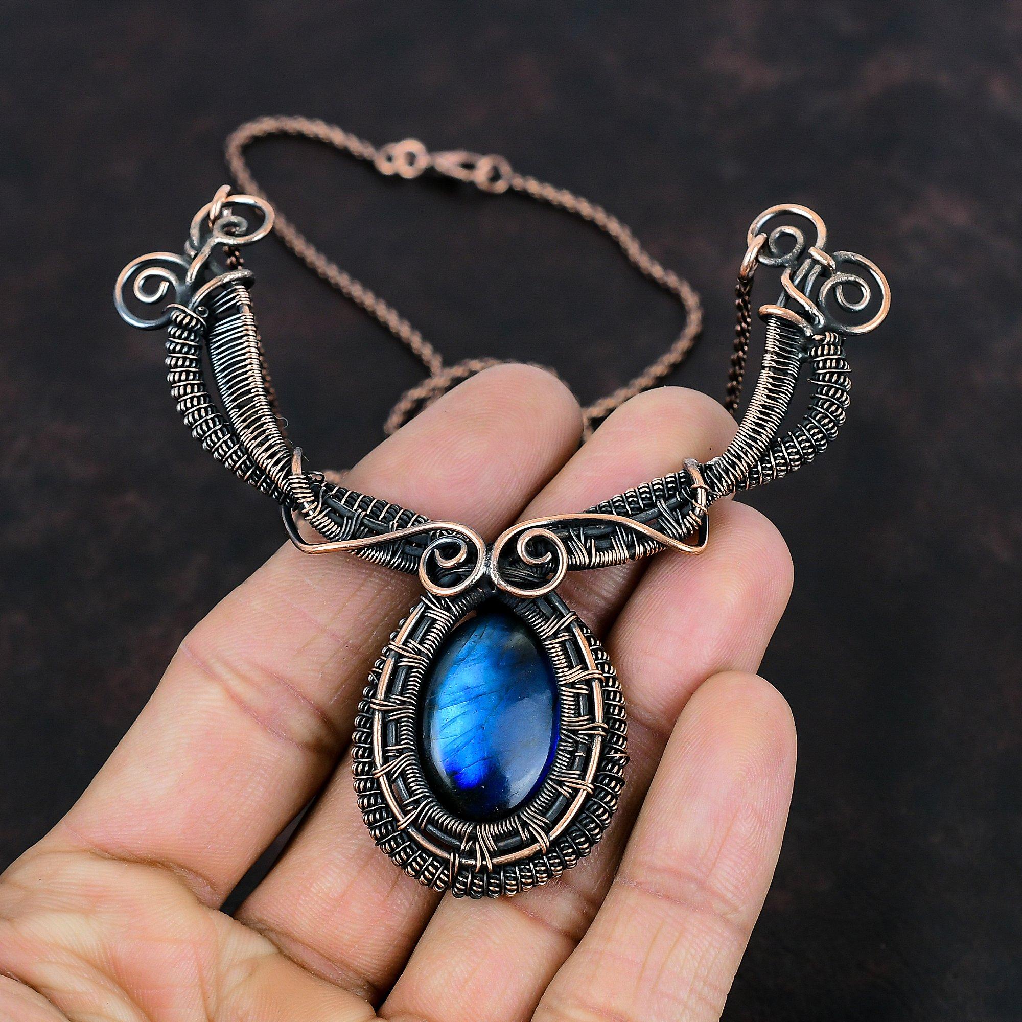 Labradorite Copper Necklace Copper Wire Wrapped Jewelry Handmade Necklace Labradorite Jewelry Anniversary Gifts Wire Wrap Gemstone Necklace
