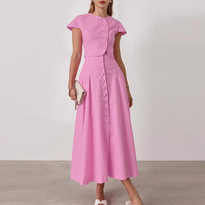 Women's Skirt Set Solid Color O-neck Short Sleeved Slim Top A-line Loose Short Skirt 2025 Summer New Fashion Women's Two-piece Set