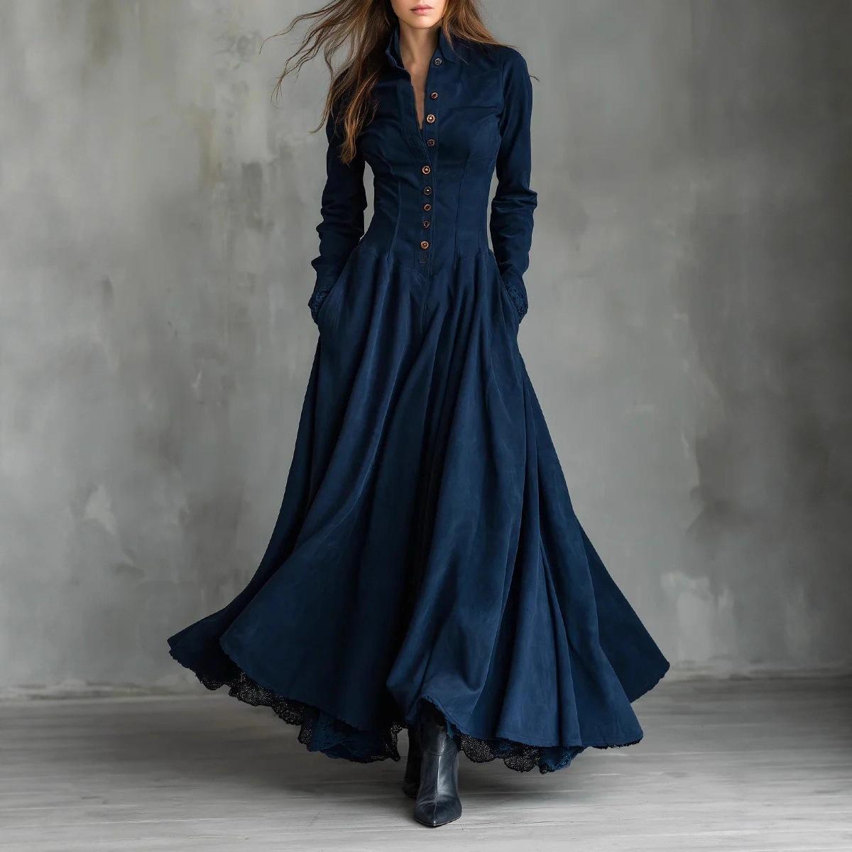 Abito Chemisier a Maniche Lunghe da Donna Stile Vintage Tessuto Finta Pelle Bordi in Pizzo Pannellatura Abito Lungo con… Altro