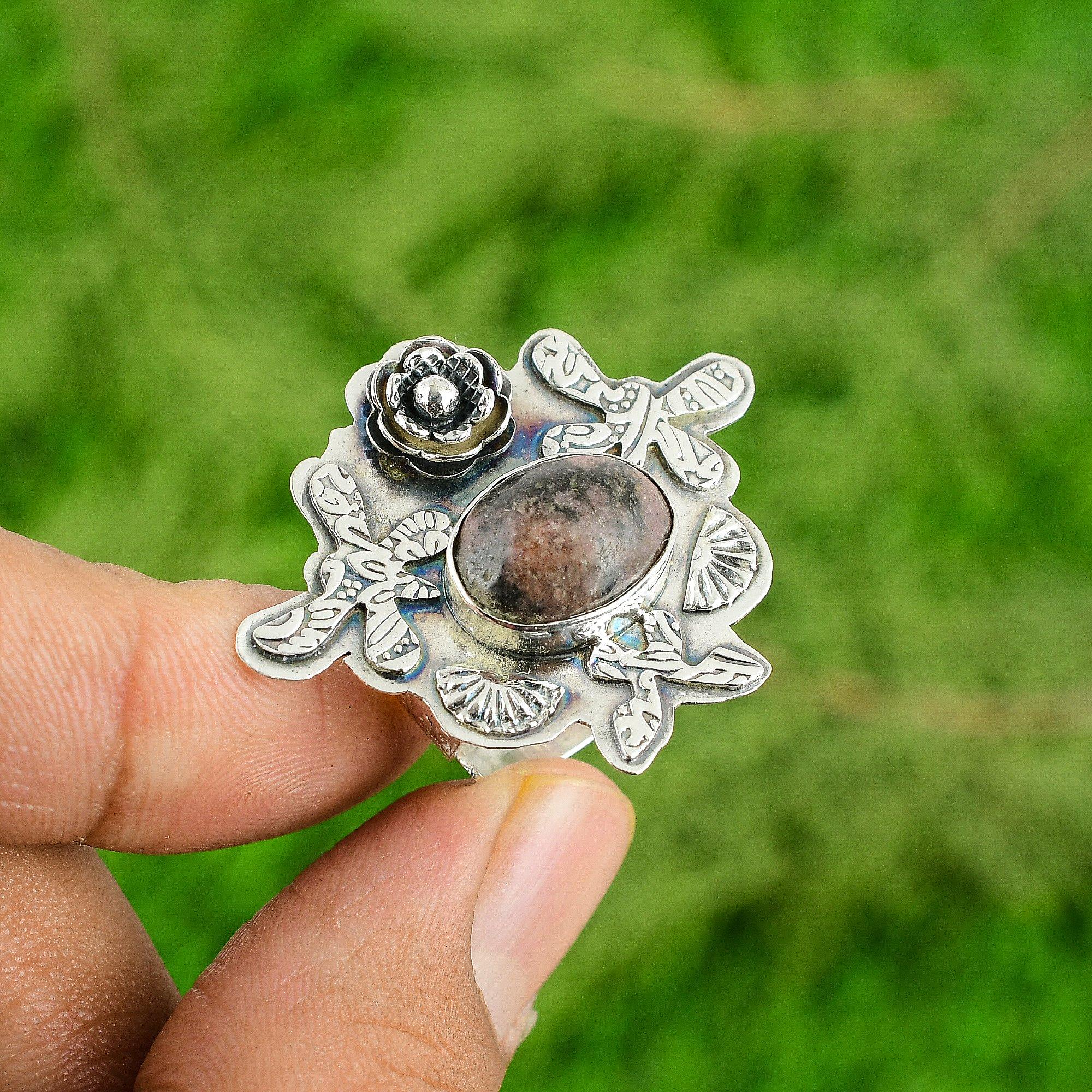 925 Sterling Silver Rhodonite Stone Flower Stackable Artisan Heart Chakra Ring