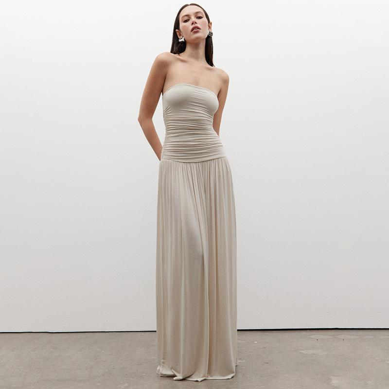 Abito Maxi Donna Senza Spalline a Tubo Vita Arricciata Colore Unico Svasato Lunghezza Pavimento Estivo Casual Vacanza al Mare Abito Lungo