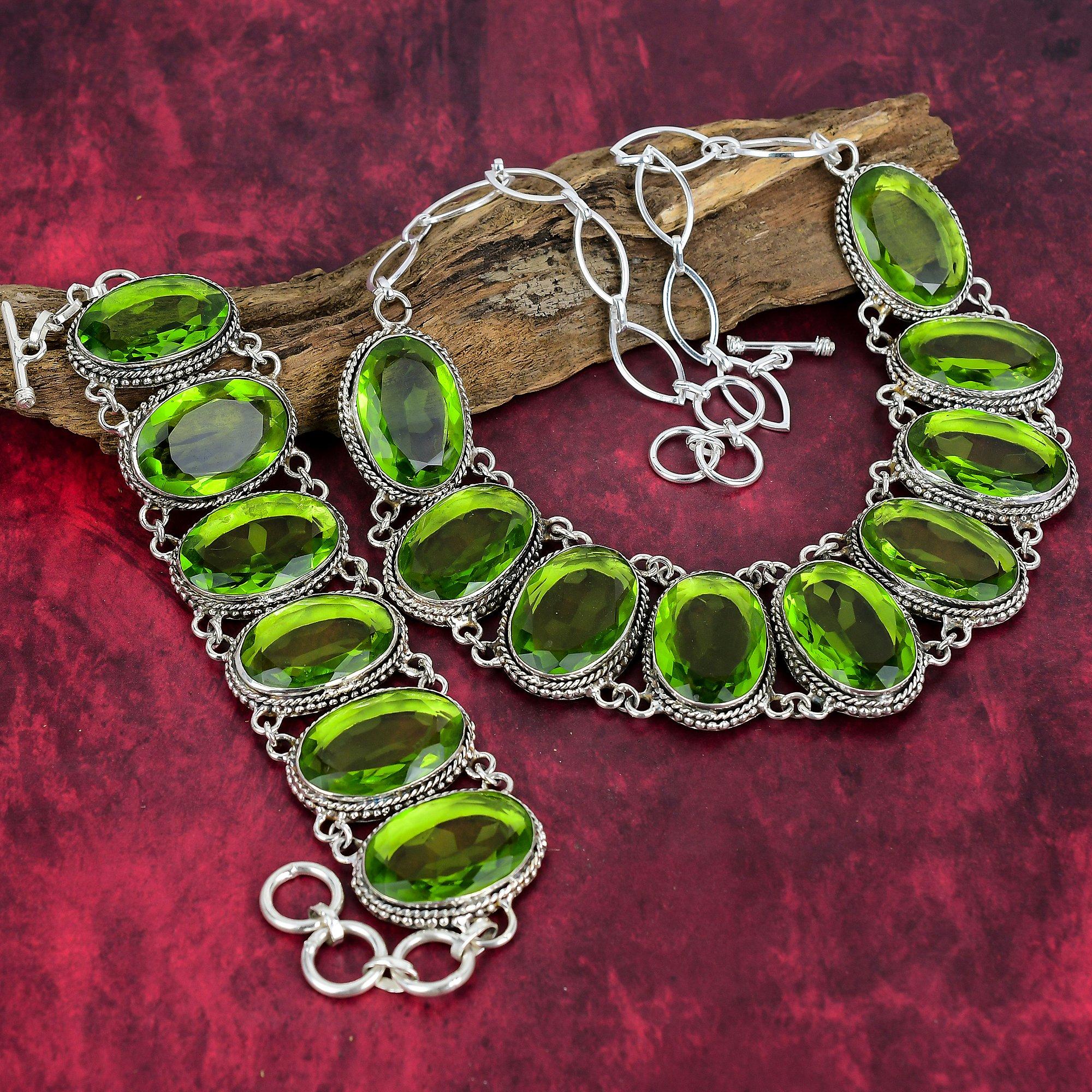 Set de bijuterii din argint solid 925 Peridot, set de colier și brățări lucrate manual pentru femei, bijuterii frumoase cu pietre prețioase reglabile