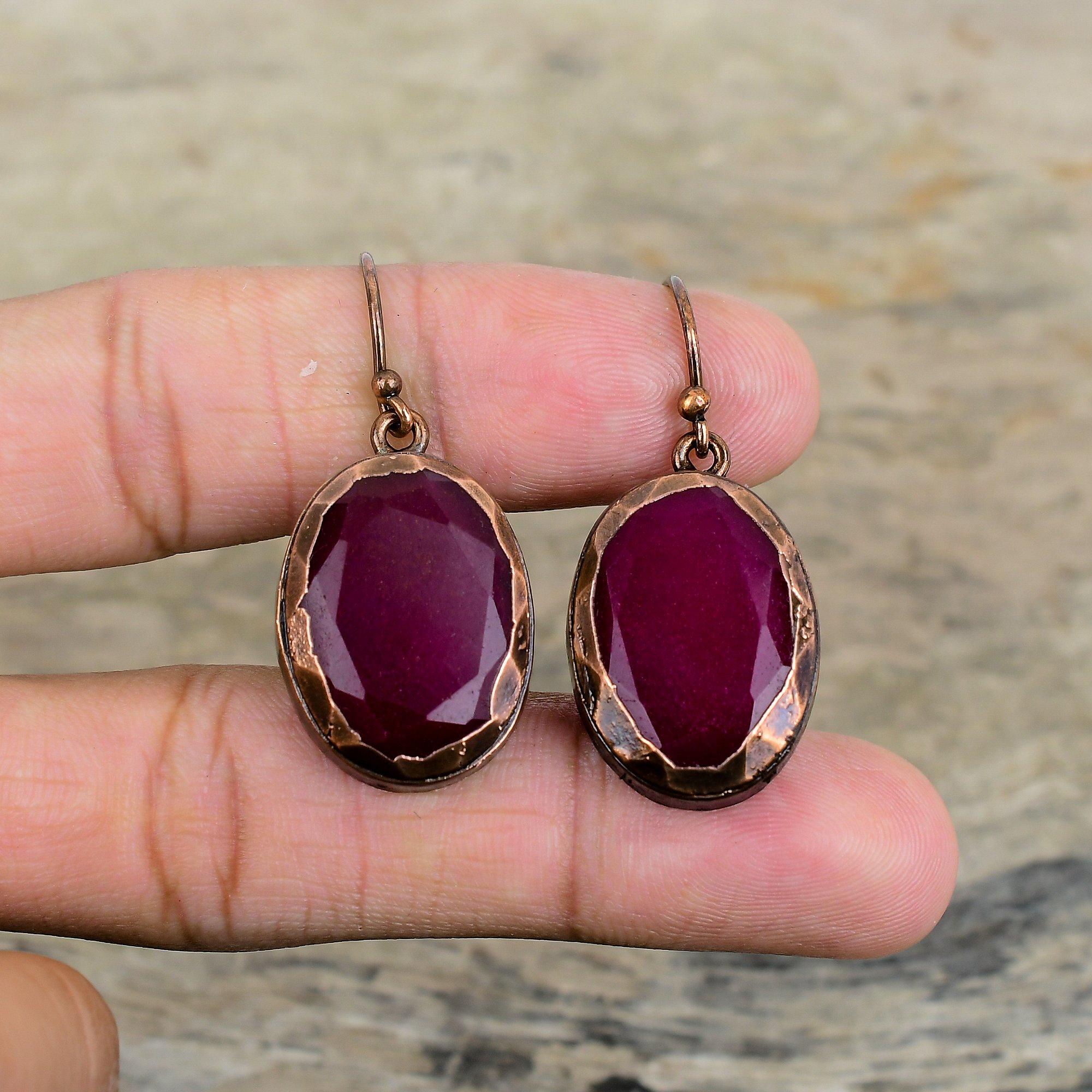 Facettierter Kaschmir-Rubin Ohrring Elektrogeformte Kupferohrringe Damenohrring Edelstein Kupferschmuck Handgefertigt Einzigartiger Stil Ohrring Geschenke für Sie