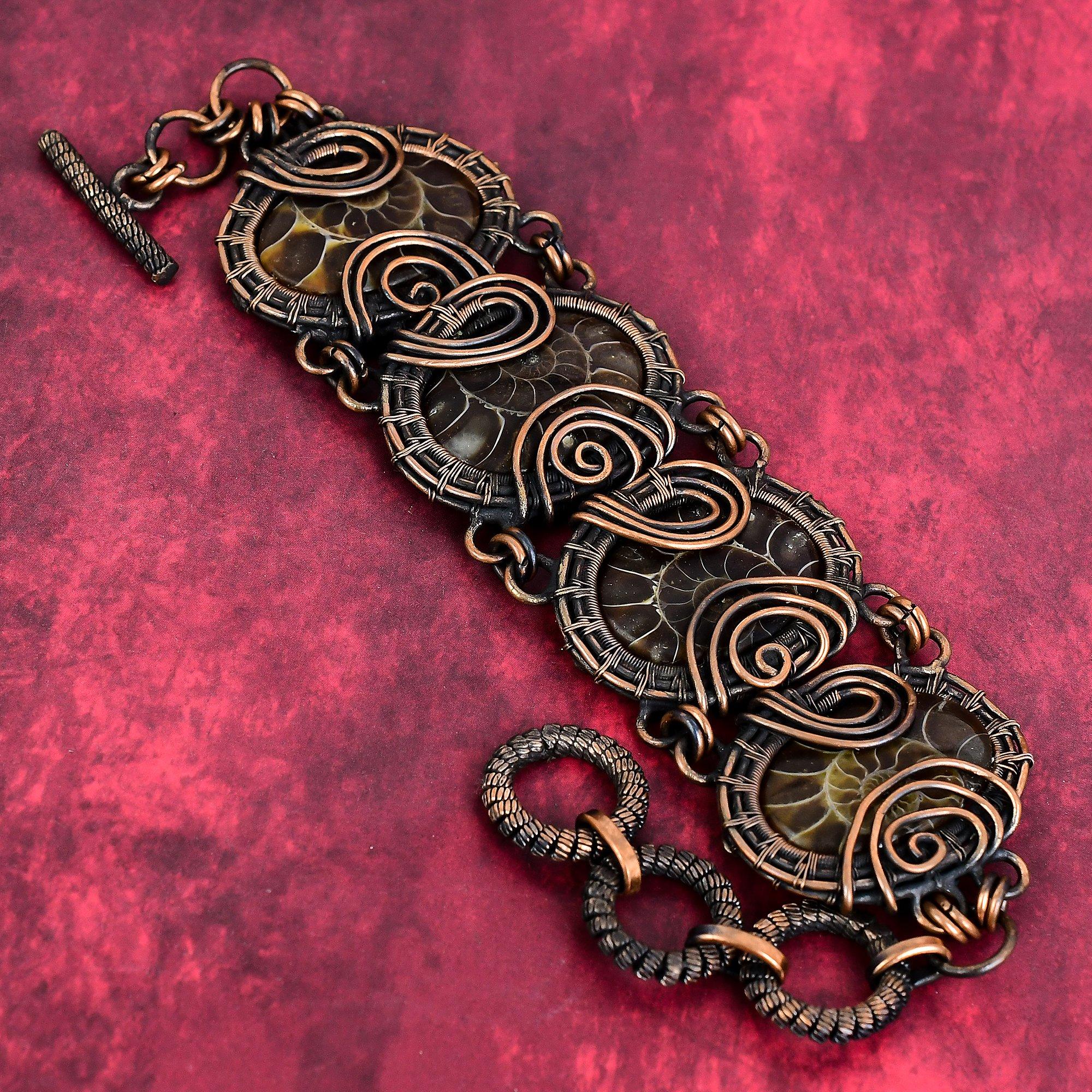 Ammonite fossil bracelet copper wire wrapped bracelet adjustable chain handmade bracelet copper jewelry engagement gifts gemstone bracelet