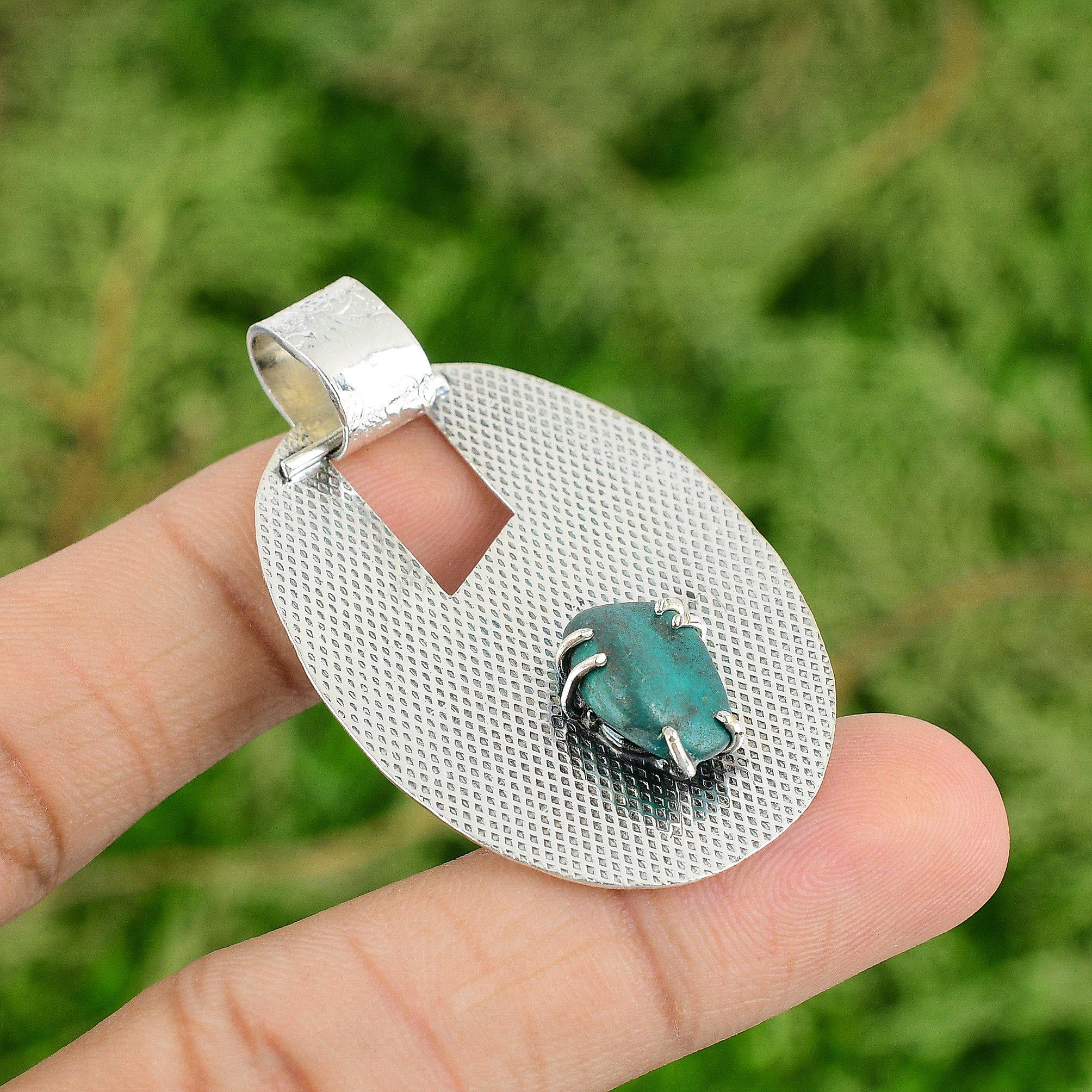 Daughters Day Sale Tibetan Turquoise Rough Gemstone Wife Pendant Sterling Silver