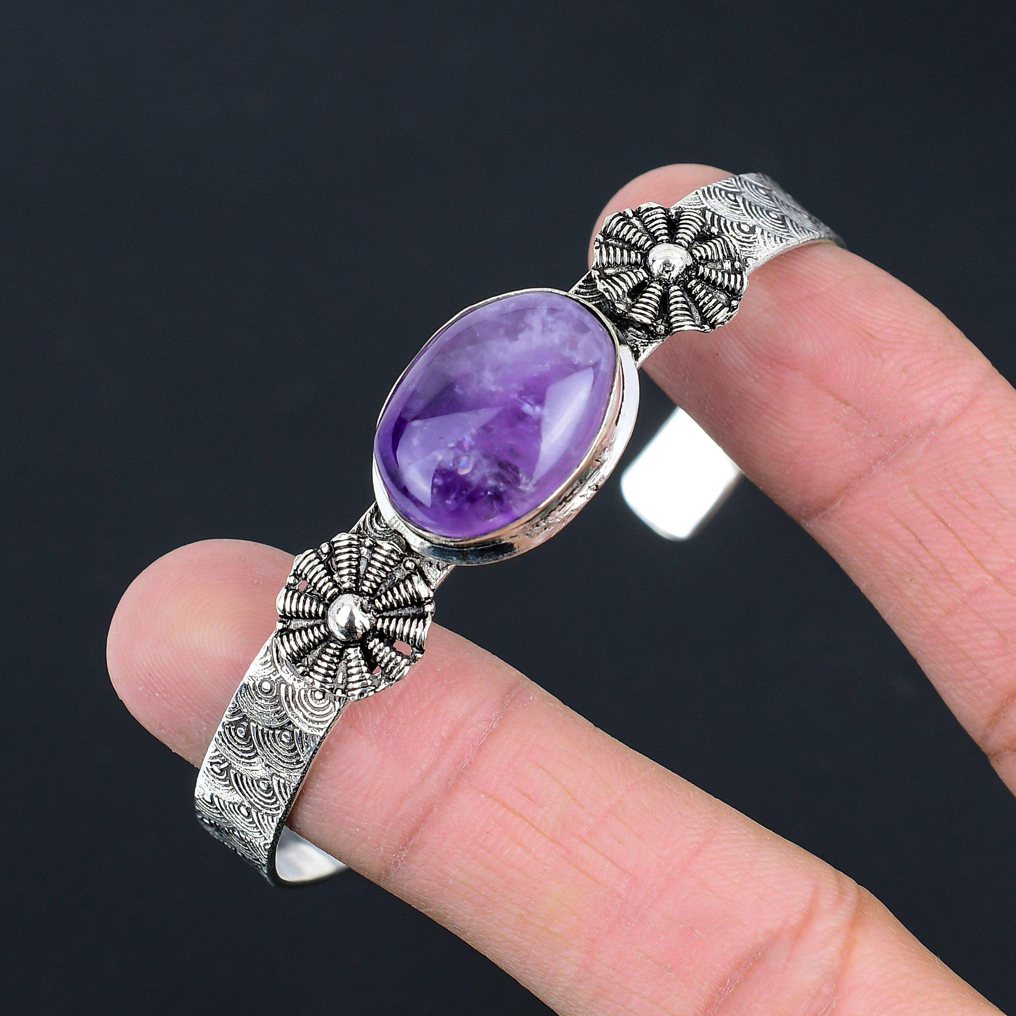 Mothers day Sale 925 Sterling Silver Oval Star Amethyst Gemstone Bangle Bracelet