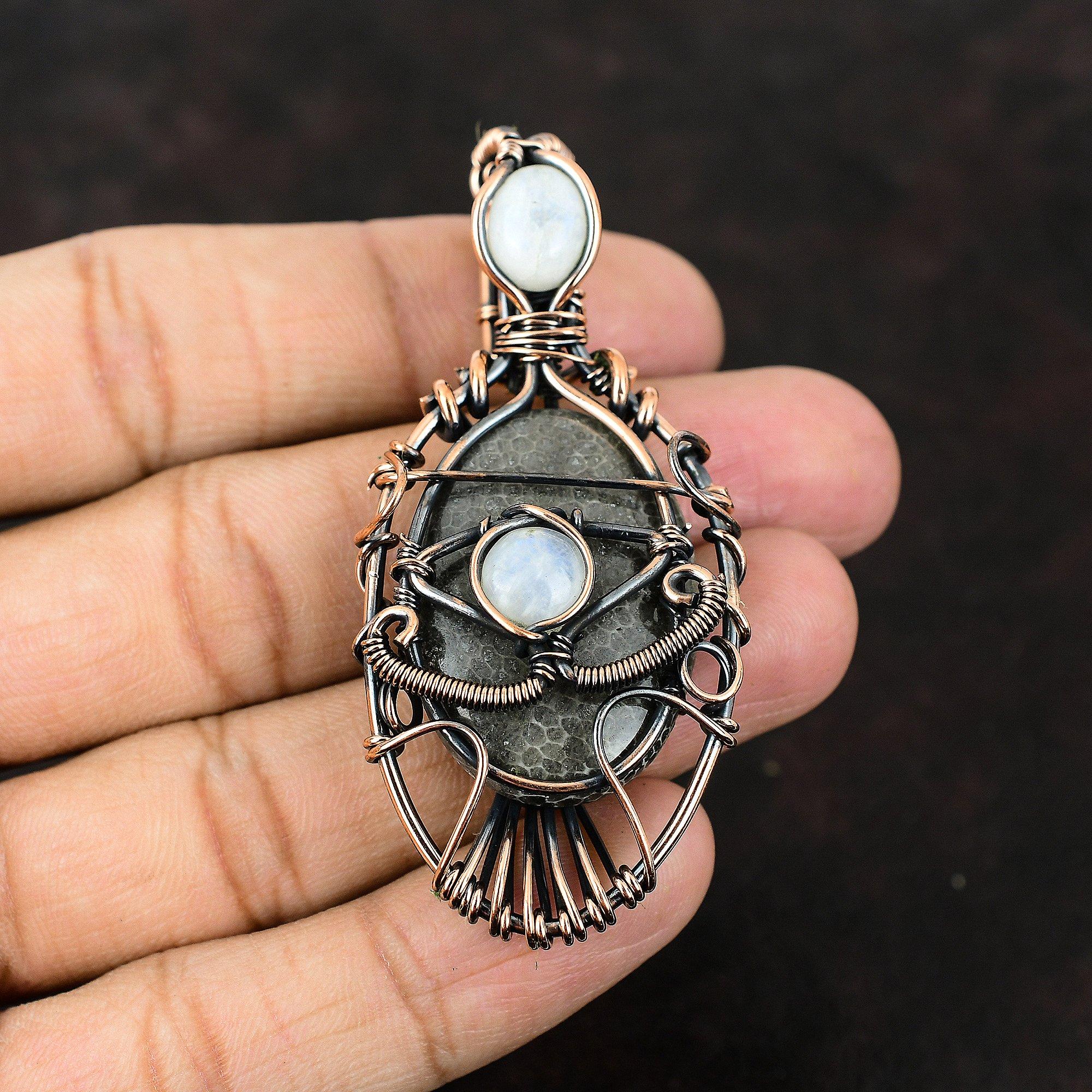 Evil Eye Stingray Coral Copper Wire Wrapped Gemstone Pendant Copper Wire Wrap Jewelry Moonstone Evil Eye Pendant Handmade Women Pendant Gift