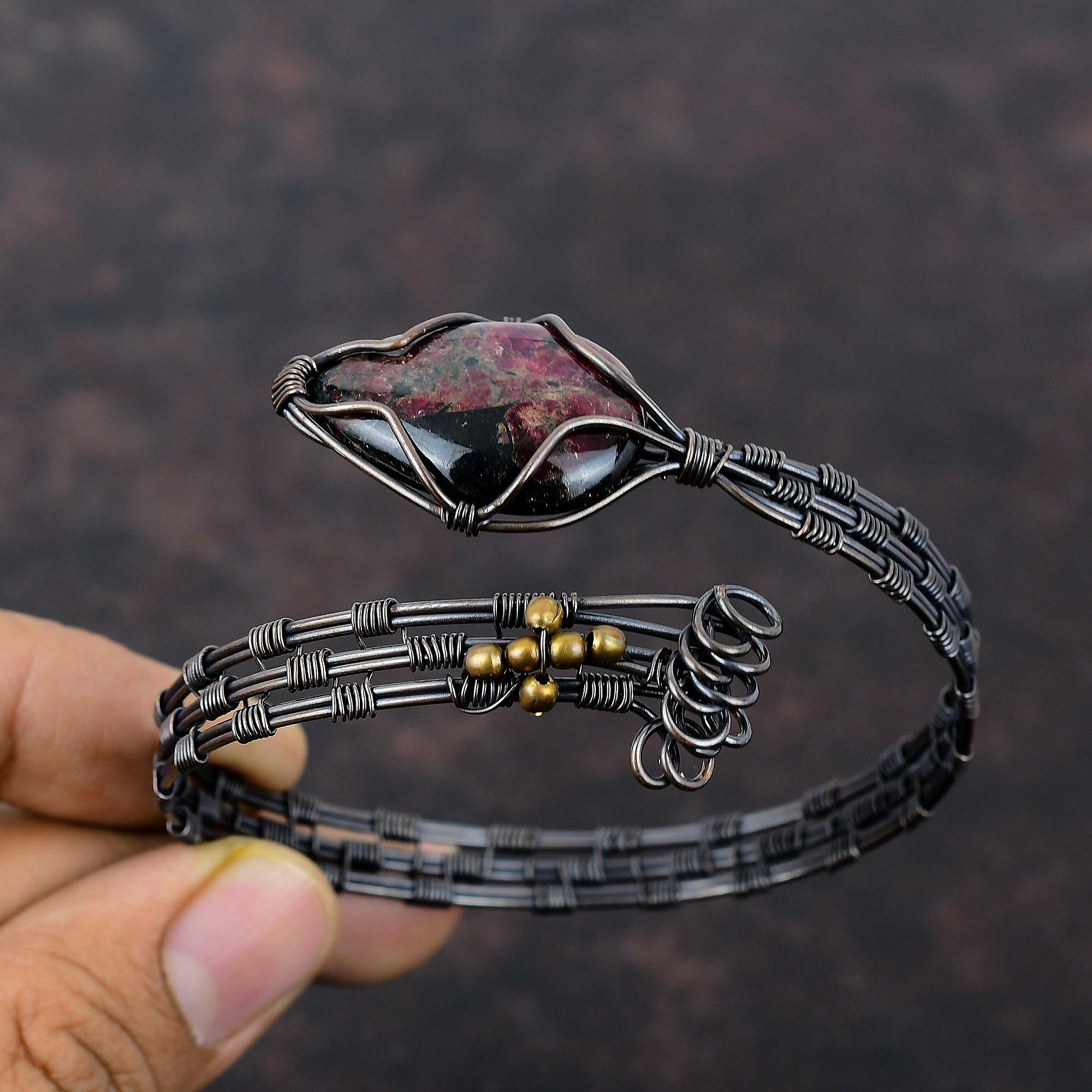 Eudialyte Gemstone Bangle Copper Wire Wrapped Cuff Adjustable Cuff Bracelet Handmade Bracelet Wire Wrap Jewelry Gift For Mom Copper Jewelry