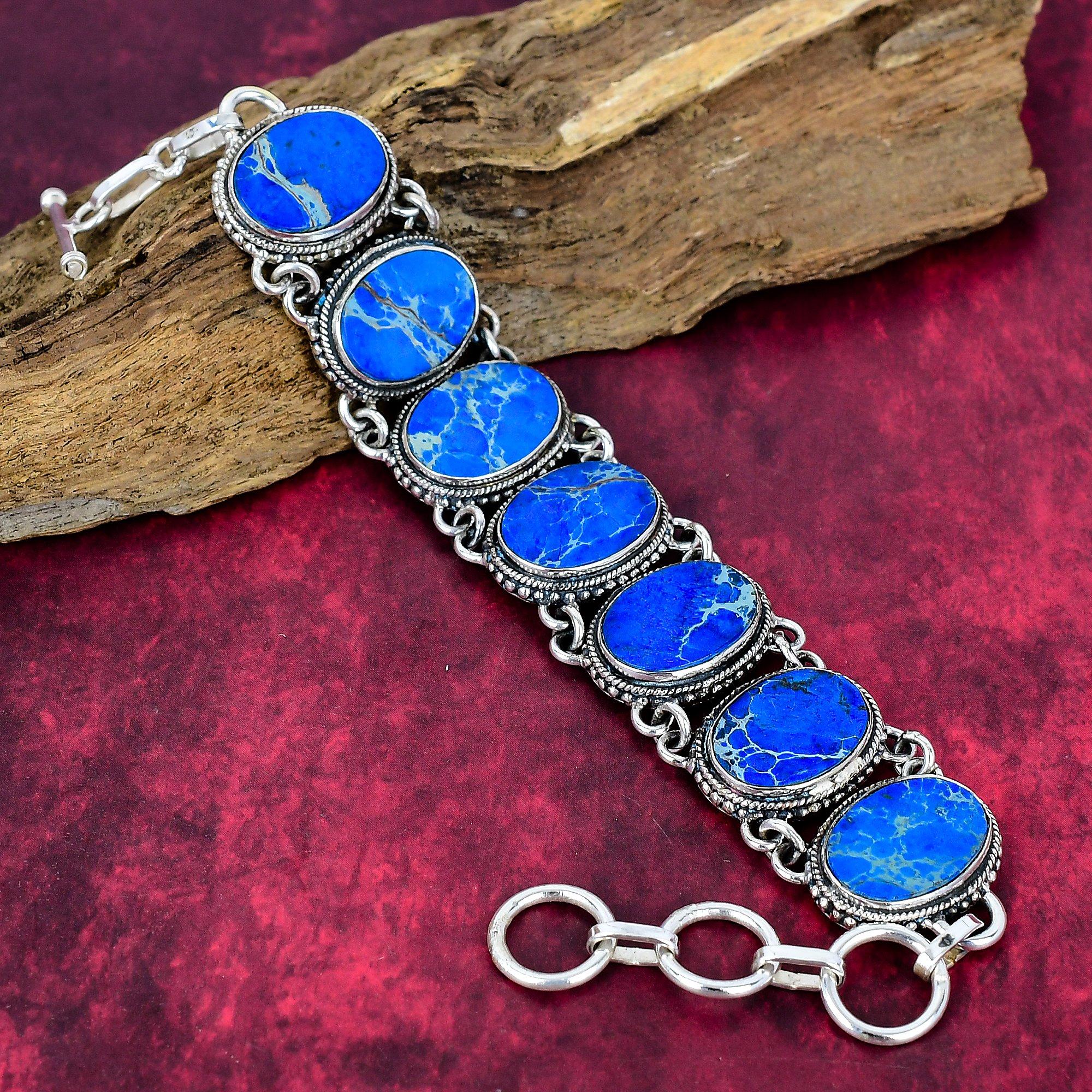 Pulseira de Sedimento Marinho Azul Joia de Pedra Preciosa, Prata de Lei Sólida 925 Pulseira de Corrente Ajustável, Presente Para Mulheres Colar Feito à Mão