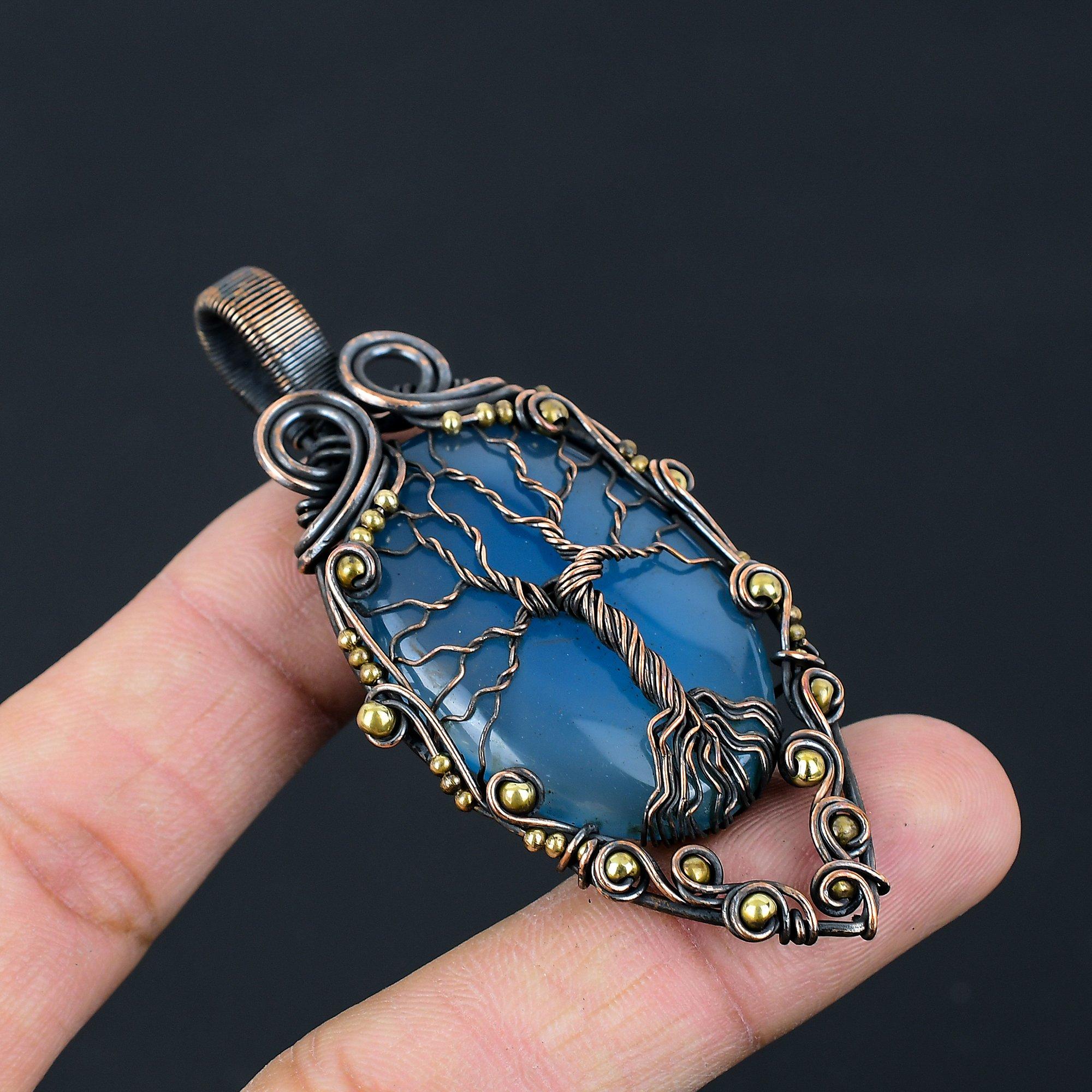 Tree Of Life Blue Chalcedony Gemstone Pure Copper Wire Wrapped Handmade Pendant Jewelry
