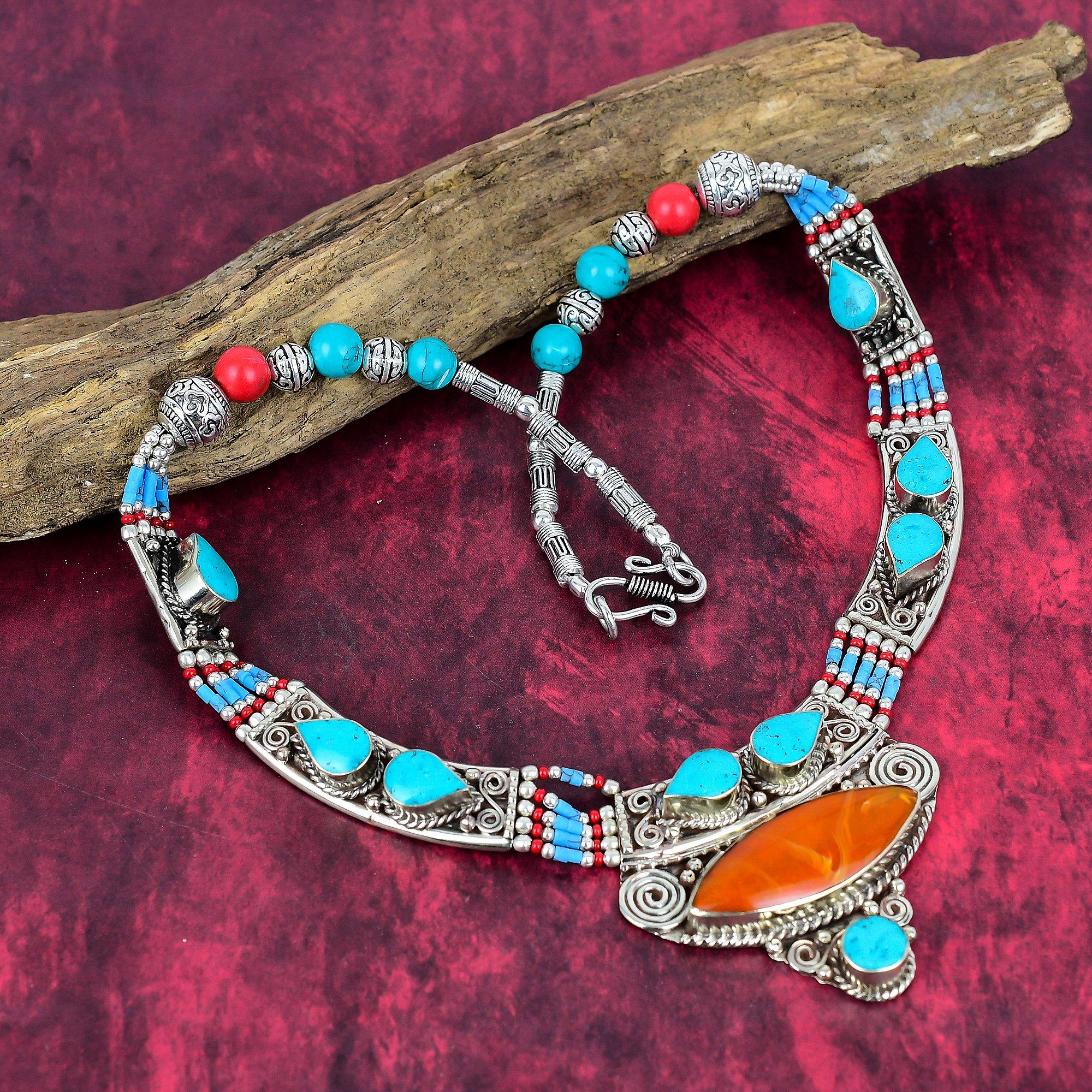Coral, Turquoise Handmade Gemstone Necklace, 925 Solid Sterling Silver Necklace Antique Jewelry, For Engagement Gift