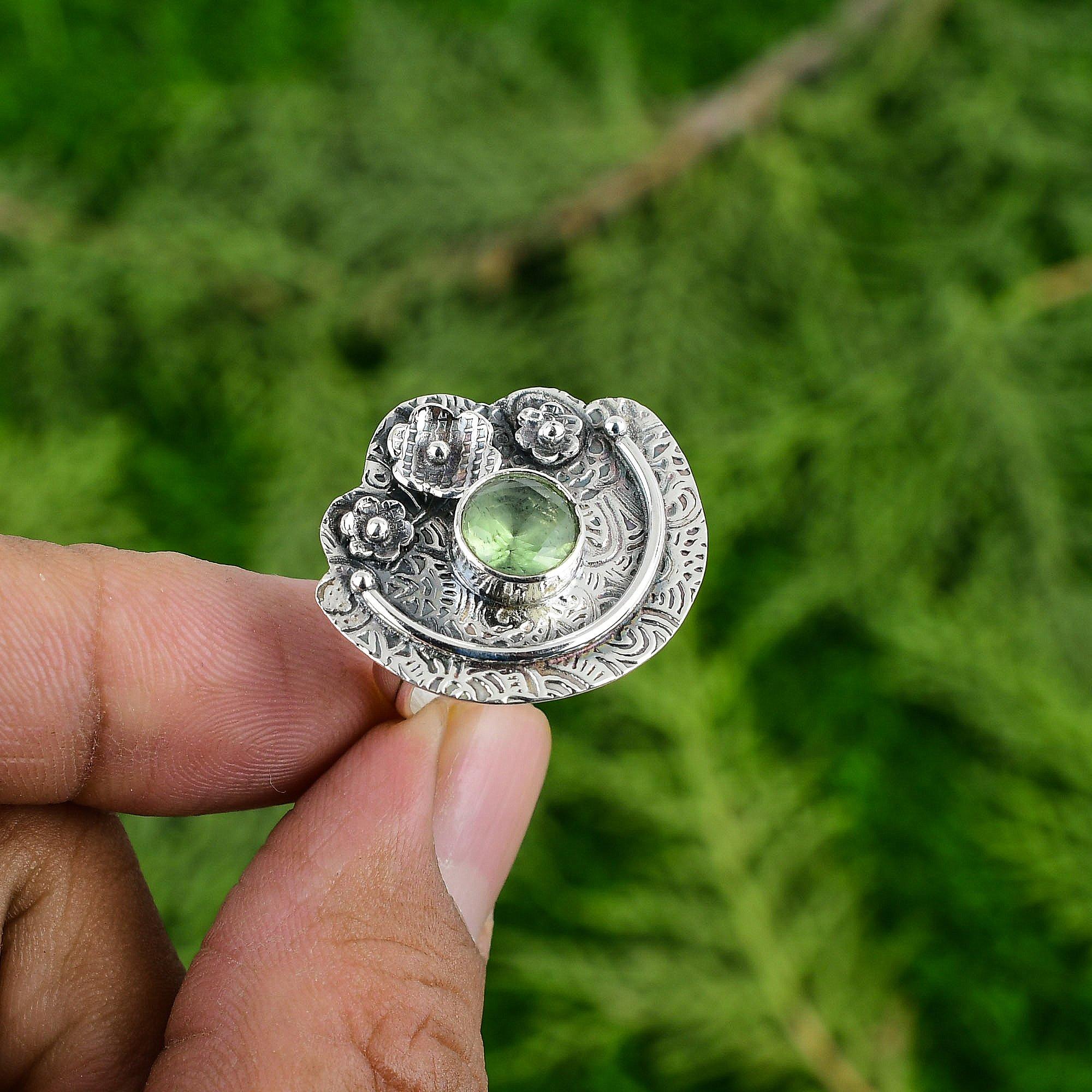 Sterling Silver Green Amethyst Gemstone Bezel Flower Daughter Boho Ring Jewelry