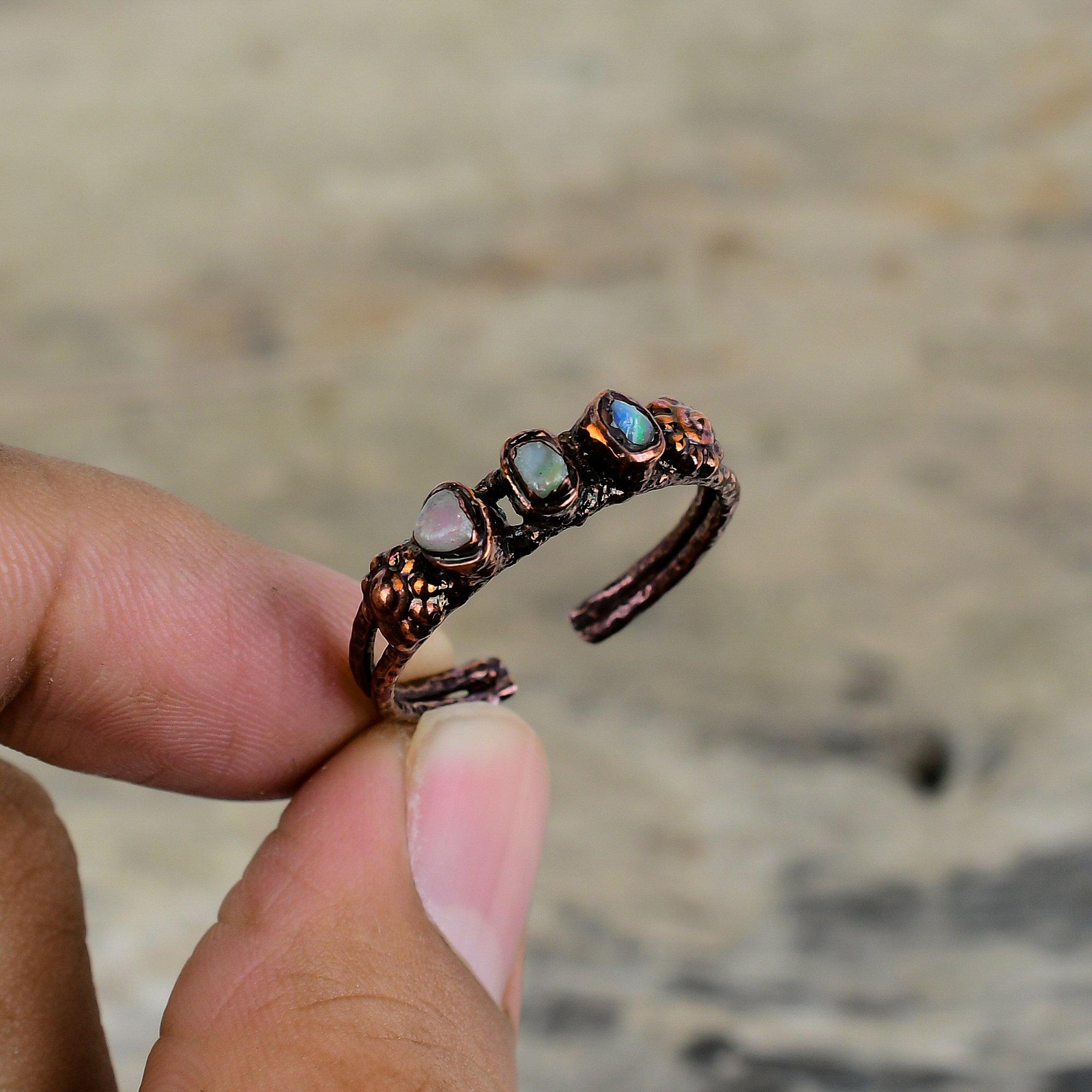 Ethiopian Opal Ring Electroformed Copper Ring Adjustable Ring Handmade Copper Jewelry Real Gemstone Ring Gifts For Him Electroformed Jewelry