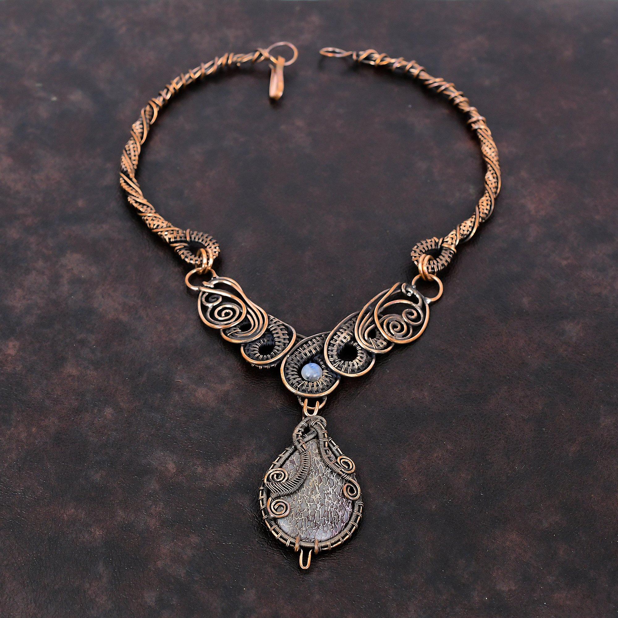 Dinosaur Bone Gemstone Necklace Copper Wire Wrapped Necklace Copper Jewelry Moonstone Necklace Anniversary Gift Handmade Wire Wrap Jewelry