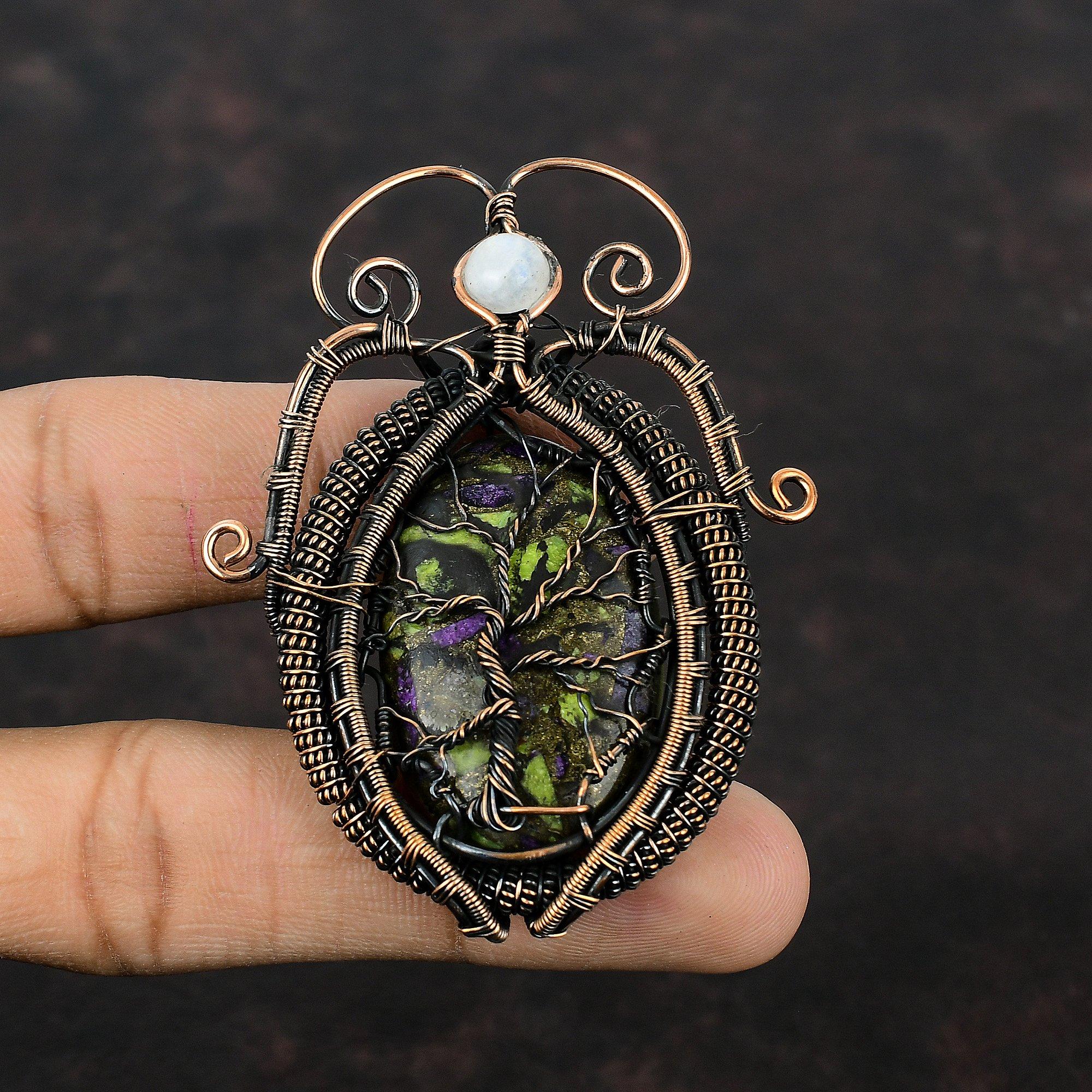 Tree Of Life Copper Stichtite Pendant Copper Wire Wrapped Pendant Copper Jewelry Rainbow Moonstone Pendant Handmade Natural Gemstone Pendant