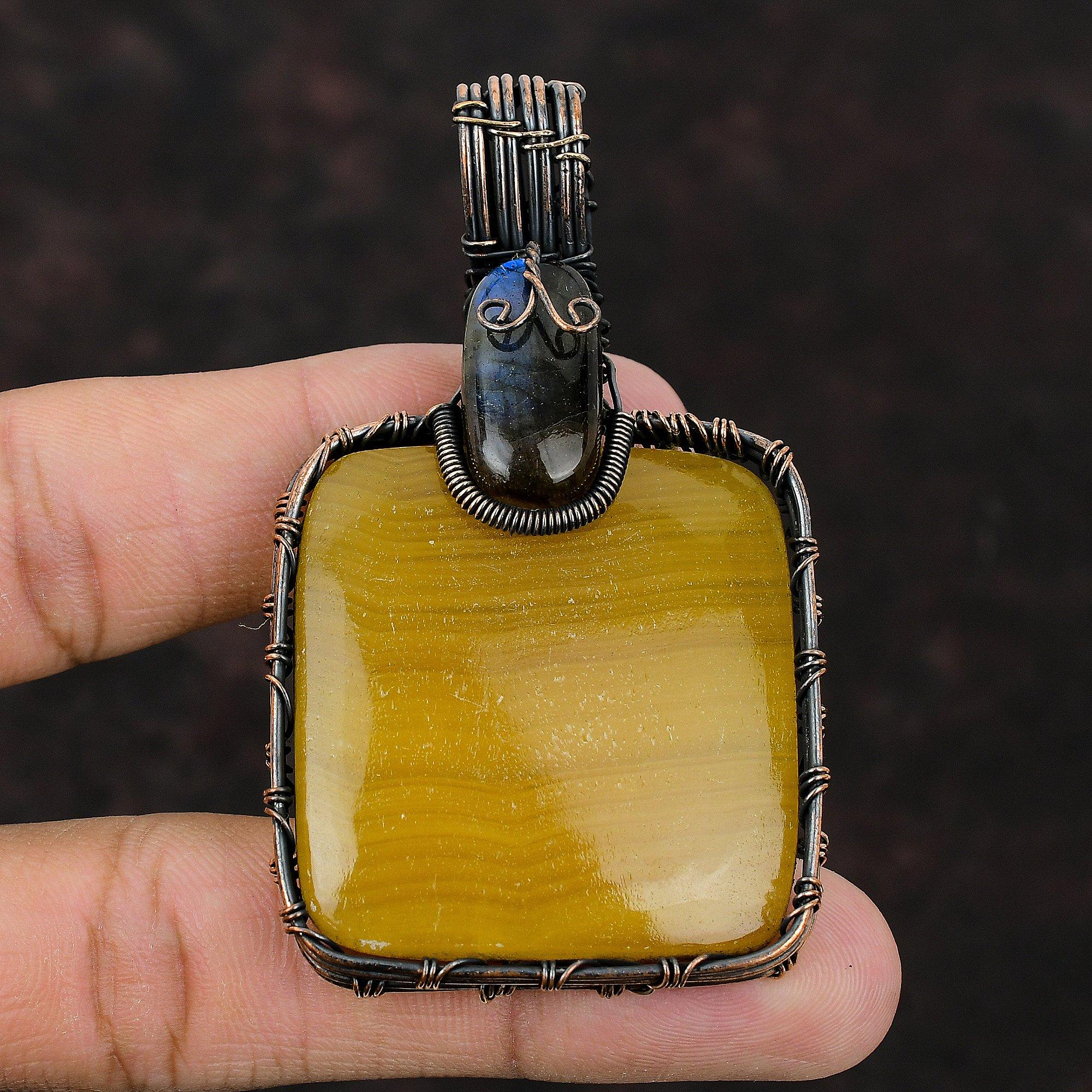 Gelber Spitzenachat Anhänger Kupferdraht gewickelter Anhänger Echter Edelsteinanhänger Kupferschmuck Handgefertigter Anhänger Geschenk für sie Labradorit Anhänger