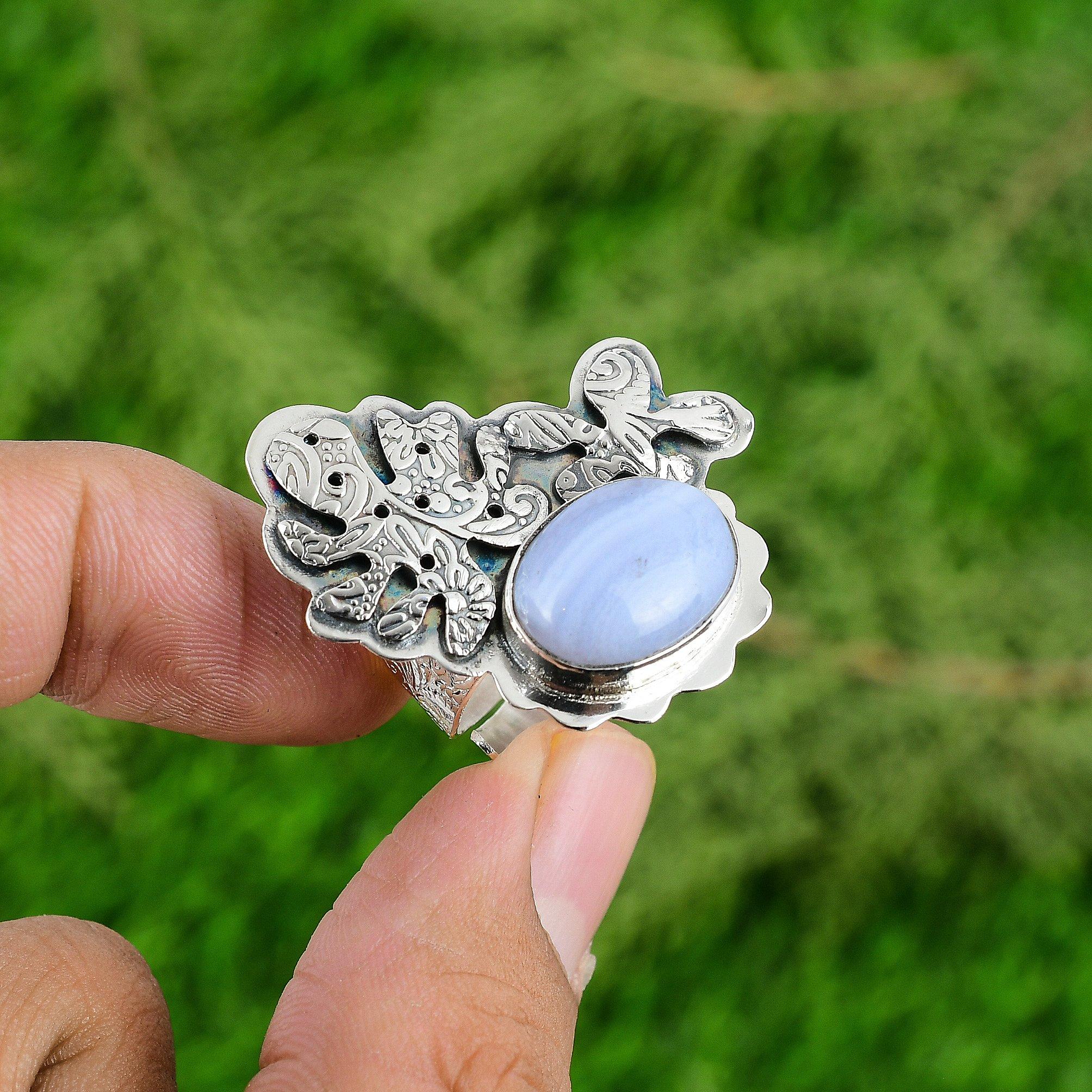 Mothers day Sale 925 Silver Oval Blue Lace Agate Gemstone Sister Stackable Ring