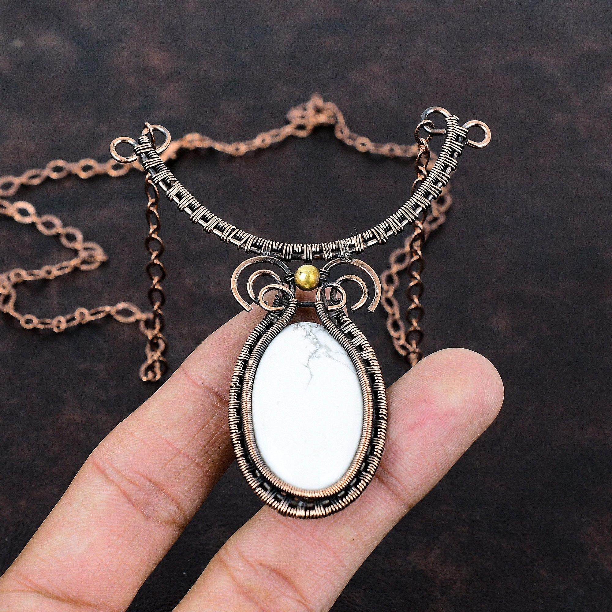 Howlite Necklace Copper Wire Wrapped Necklace Handmade Gemstone Jewelry Adjustable Necklace Copper Wire Wrapped Jewelry Gift For Anniversary