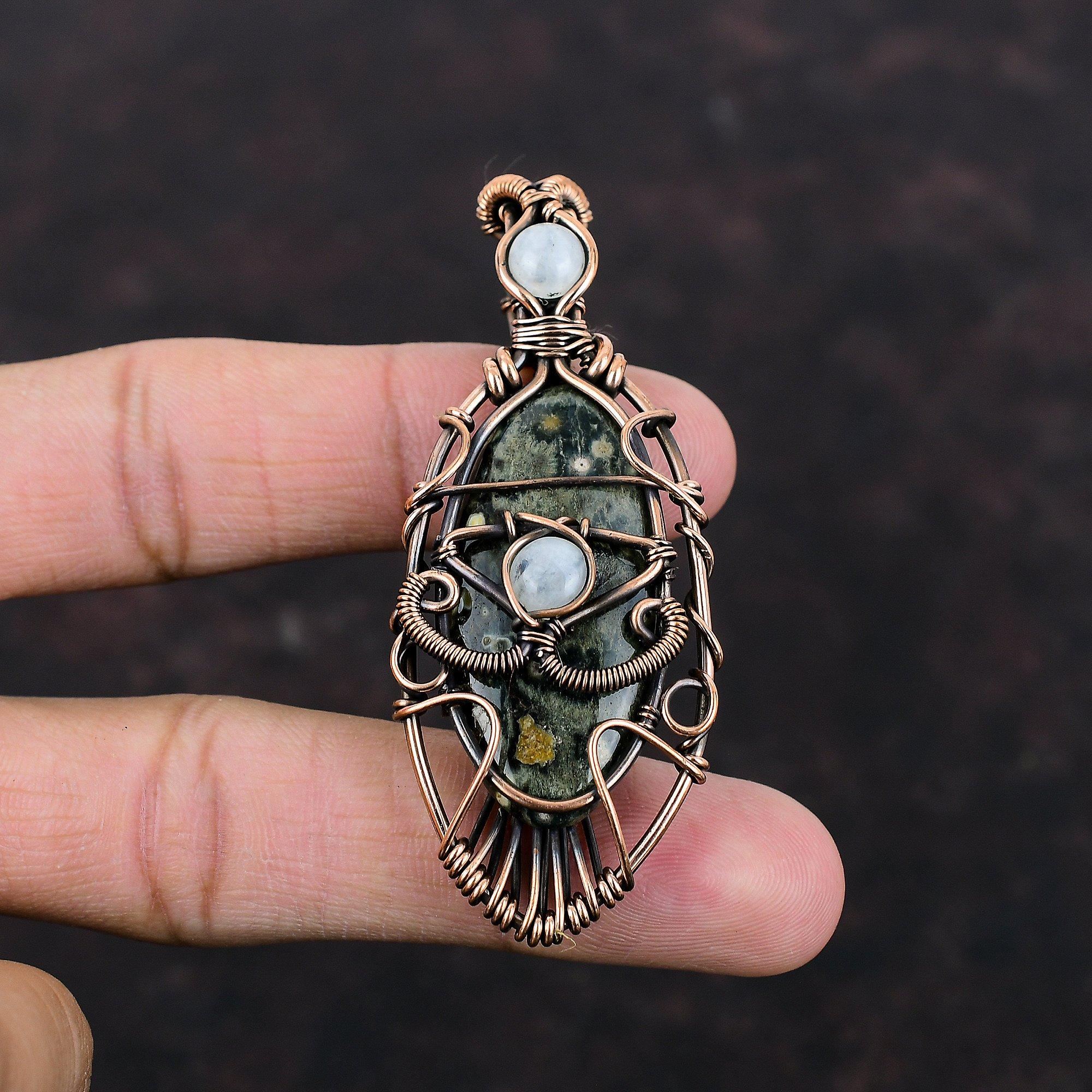 Evil Eye Ocean Jasper Pendant Rainbow Moonstone Pendant Copper Wire Wrapped Pendant Handmade Copper Jewelry Gemstone Pendant Gift For Mother