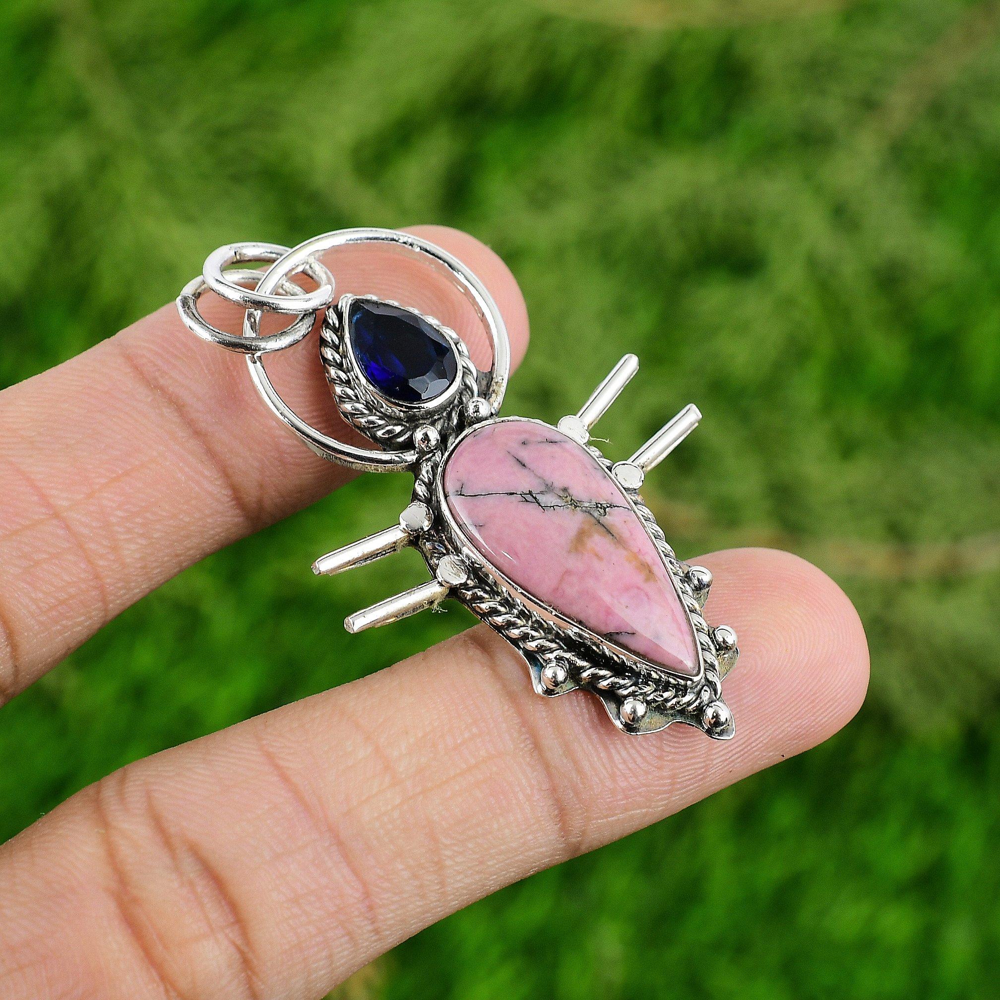 Natürlicher Rhodonit Edelstein Anhänger 925 Sterling Silber Indischer Schmuck Für Frauen