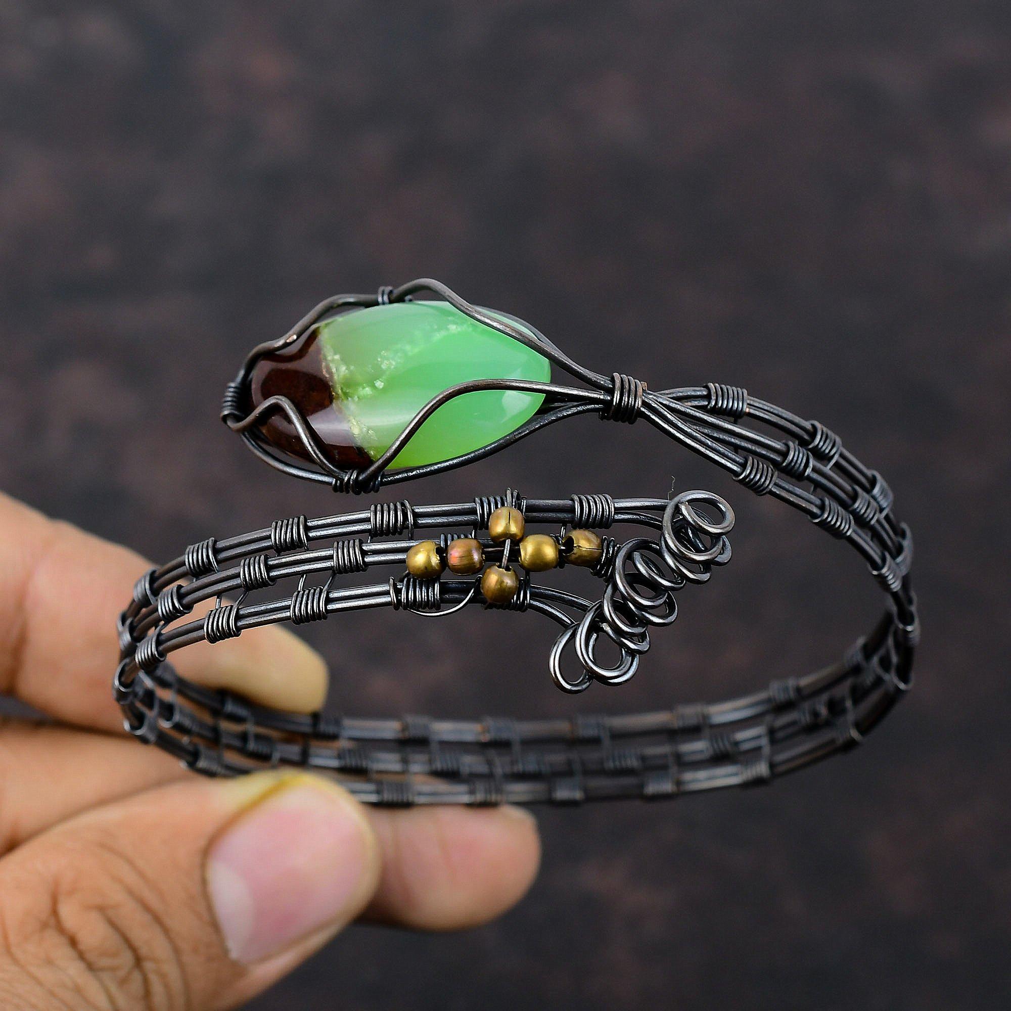 Boulder Chrysoprase Cuff Bracelet Copper Wire Wrapped Bangle Handmade Adjustable Cuff Bracelet Gemstone Bangle Copper Jewelry Gift For Him